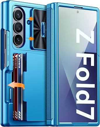 Vizvera for Samsung Galaxy Z Fold 7 Case RFID Wallet with Cards Holder [Hinge Cover] [Camera Cover] Shockproof Silicone Protective Phone Case for Z Fold 7 2025-Lake Blue