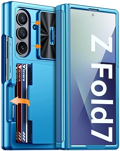 Vizvera for Samsung Galaxy Z Fold 7 Case RFID Wallet with Cards Holder [Hinge Cover] [Camera Cover] Shockproof Silicone Protective Phone Case for Z Fold 7 2025-Lake Blue