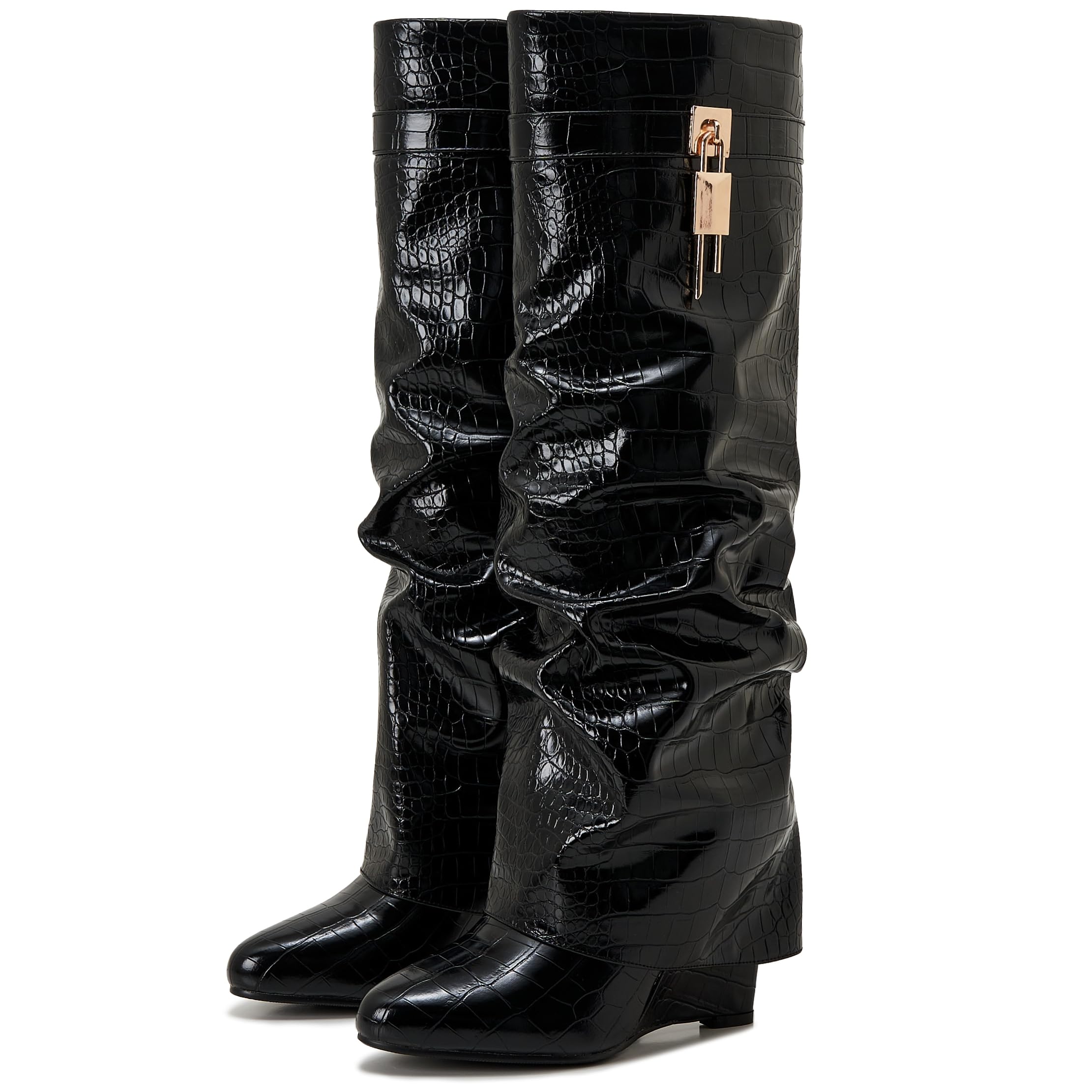 Women's Fold Over Knee High Shark Boots 4-Inch Wedge Heel Side Zipper