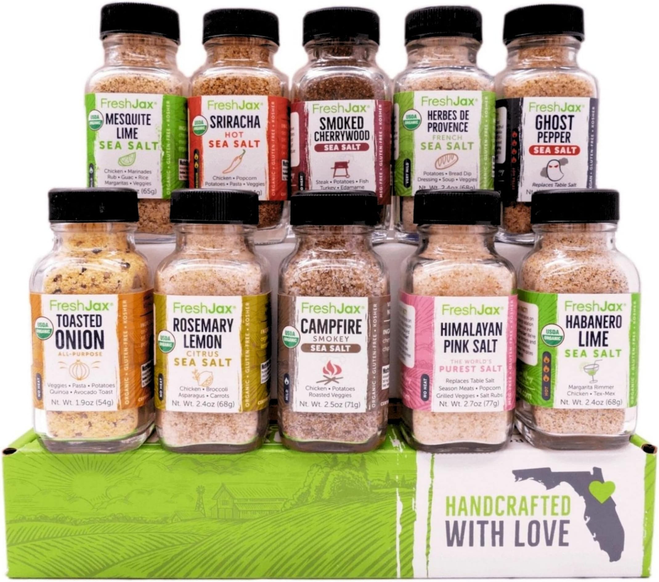 FreshJax Organic Spices | 10 Seasoned Sea Salt Seasoning Starter Pack | Sampler Sized Bottles | Non GMO, Keto, Paleo, No Preservatives, Gluten Free Spices | Handcrafted in Jacksonville