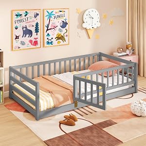 Giantex Twin Floor Bed with High Fence & Door, Montessori Floor Bed with 21.5" Safety Guardrails, Solid Wood Twin Beds Frame for Kids Girls, Boys, Without Slats, Grey