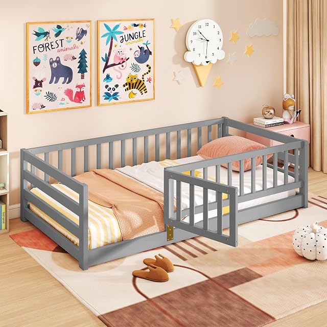 Giantex Twin Floor Bed with High Fence & Door, Montessori Floor Bed with 21.5" Safety Guardrails, Solid Wood Twin Beds Frame for Kids Girls, Boys, Without Slats, Grey