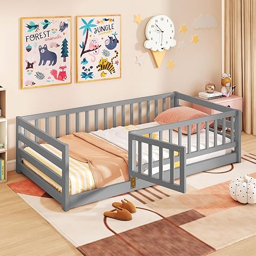 Giantex Twin Floor Bed with High Fence & Door, Montessori Floor Bed with 21.5" Safety Guardrails, Solid Wood Twin Beds Frame for Kids Girls, Boys, Without Slats, Grey