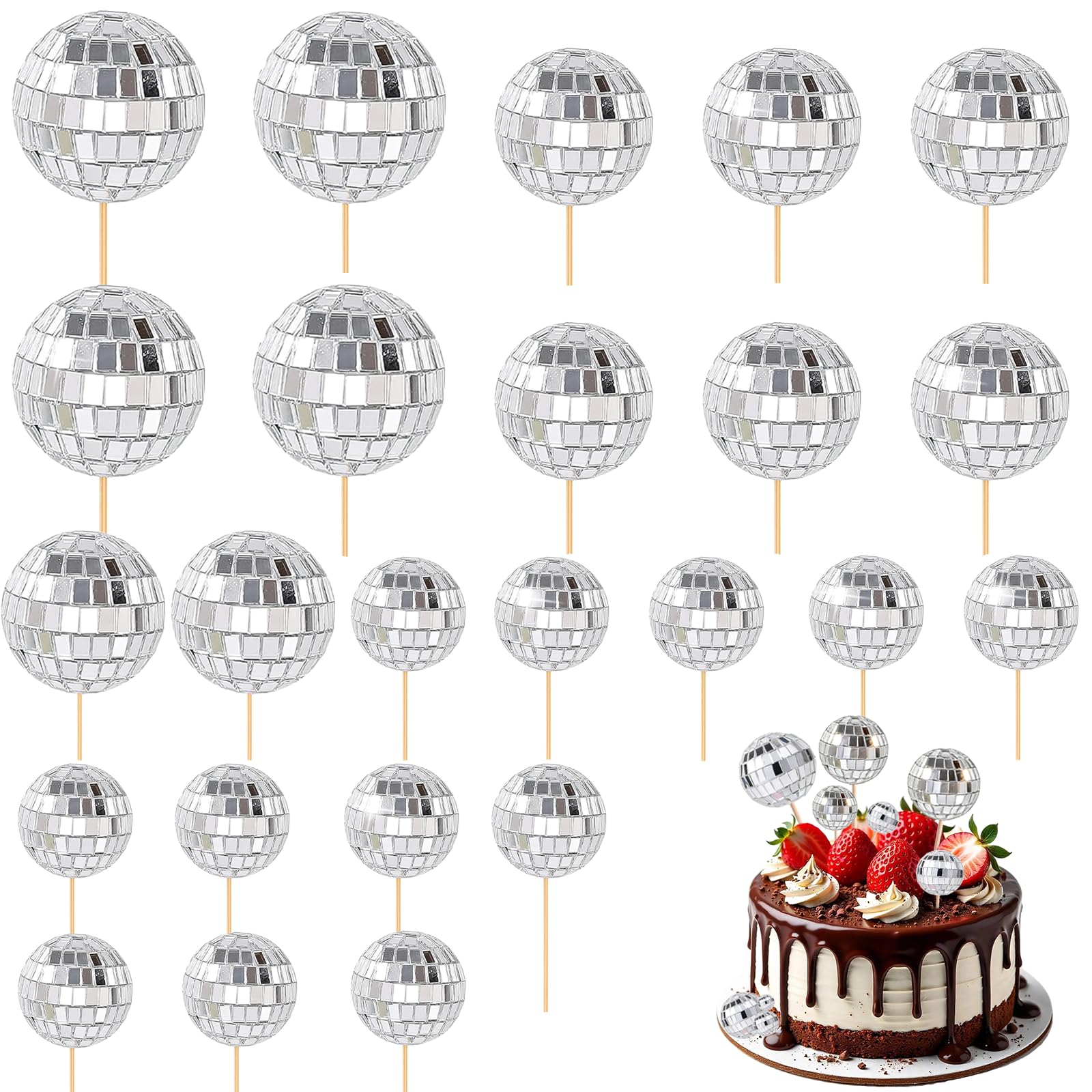 24pcs Disco Ball Cake Decorations, 70s Retro Mini Disco Ball Cake Toppers Sticks Stylish Disco Balls Cupcake Toppers Cake Disco Balls Picks for Disco Theme Birthday Party Supplies (Silver)