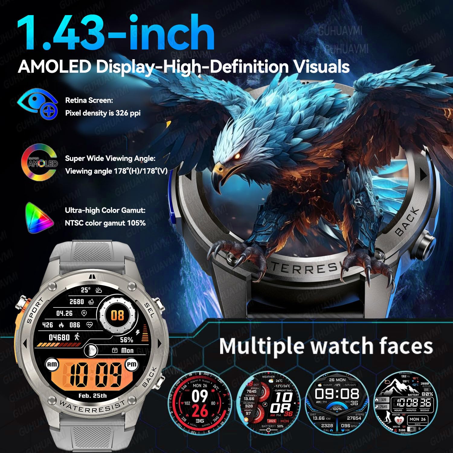 Smart Watch GPS da uomo militare robusto, bussola, impermeabile fino a 50 m, batteria grande da 500 mAh, schermo AMOLED da 1,4 pollici, rispondere/effettuare chiamate, compatibile con Android iOS (2