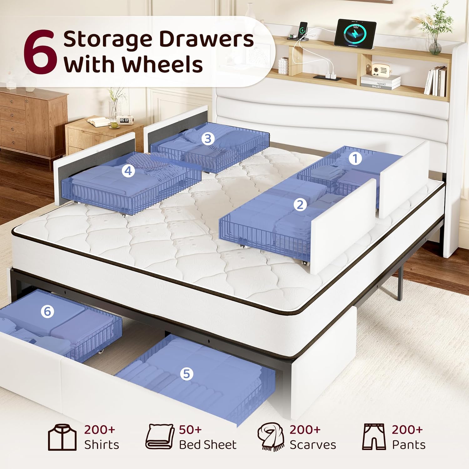 BRELTAM Queen Size Bed Frame with 6 Storage Drawers, Linen Upholstered Platform Bed with Charging Station,2-Tier Wave-Shaped Headboard Design,No Box Spring Needed,Easy Assembly,White