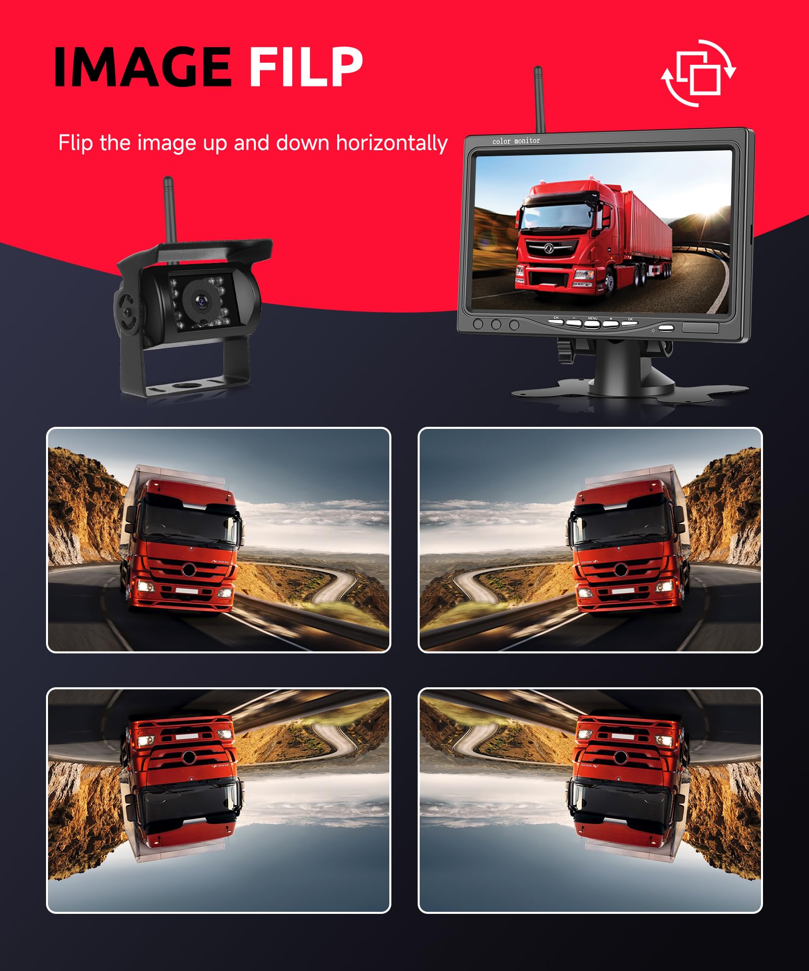 Inalámbrica Cámara de Marcha Atrás Kit con 7 Pulgadas Monitor, Cámara Trasera Visión Nocturna, IP68 Impermeable, BSD, Imagen Flip, Asistencia Inversa, para Camión/Bus/SUV/Remolque/Camper/Caravana
