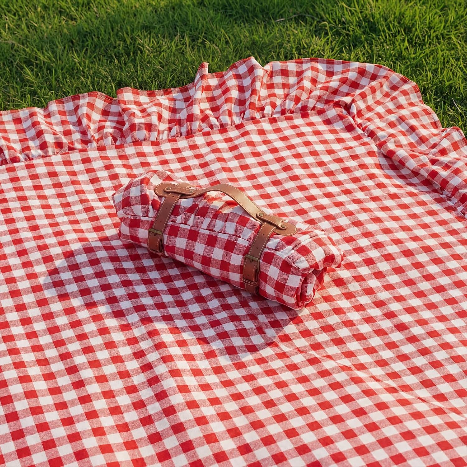 2-in-1 Extra Large Waterproof Picnic Blanket, 71x90in Dual Layers Portable Red Gingham Ruffled Mat Giant Beach Towel Yoga Leather Accessories Outdoor Camping Hiking Music Festival Pad