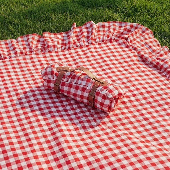 2-in-1 Extra Large Waterproof Picnic Blanket, 71x90in Dual Layers Portable Red Gingham Ruffled Mat Giant Beach Towel Yoga Leather Accessories Outdoor Camping Hiking Music Festival Pad