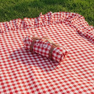 2-in-1 Waterproof Picnic Blanket Gingham Mat, Red | Extra Large 71x90 Inch Dual Layer Design, Ruffled Edges, Portable with Strap, For Beach Camping Hiking Music Festivals