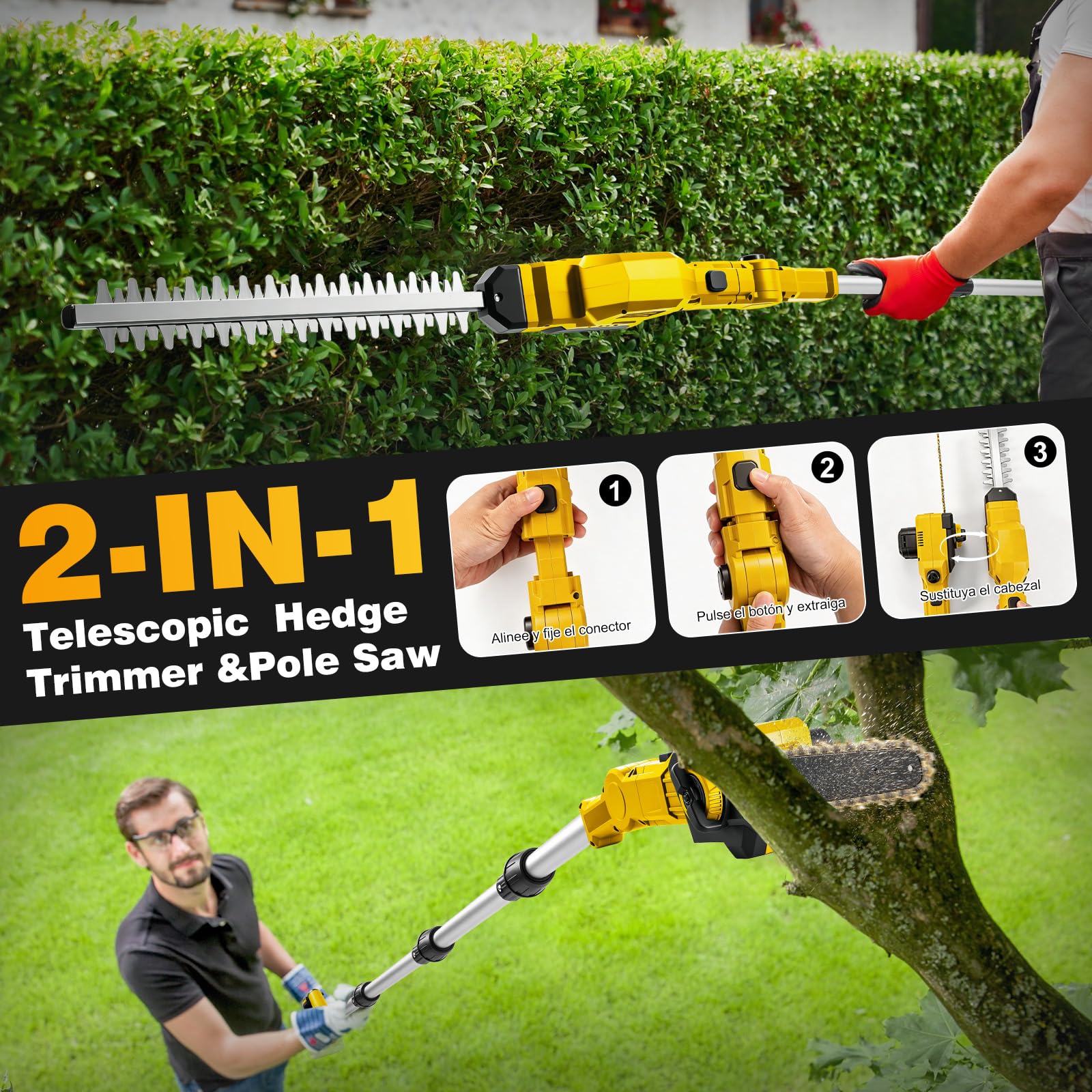 Mini Tronconneuse avec Perche 8 Pouces & Taille-haie Telescopique | pour Dewalt 18 V 20V Batterie, Longueur de Coupe 400 mm Cisaille à Gazon et Arbustes sans Fil sur Perche, Portée Maximale 4,5 m