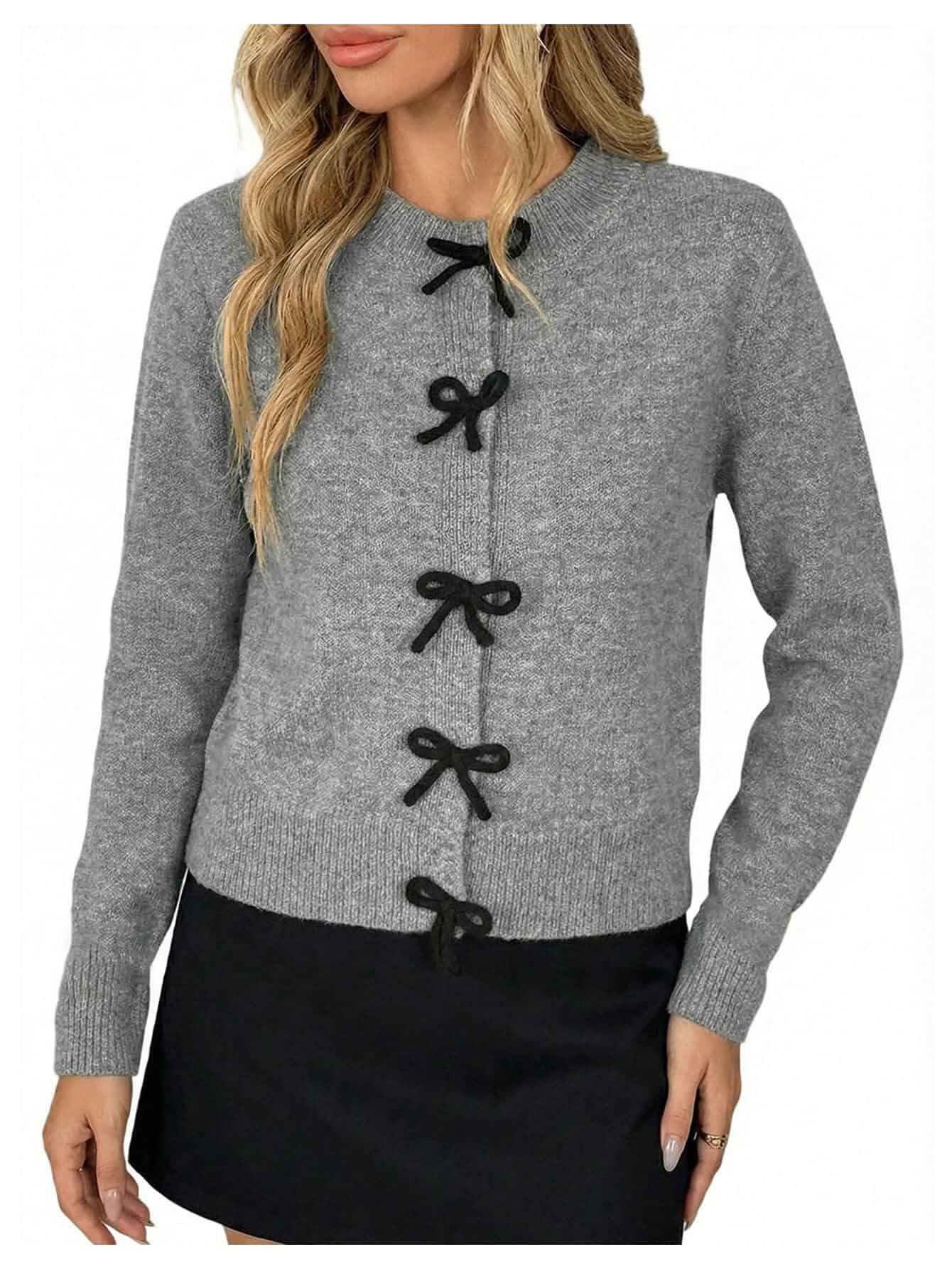 Verdusa Women's Bow Sweater Button Up Cardigan Coquette Clothes Spring Fall Outerwear Long Sleeve