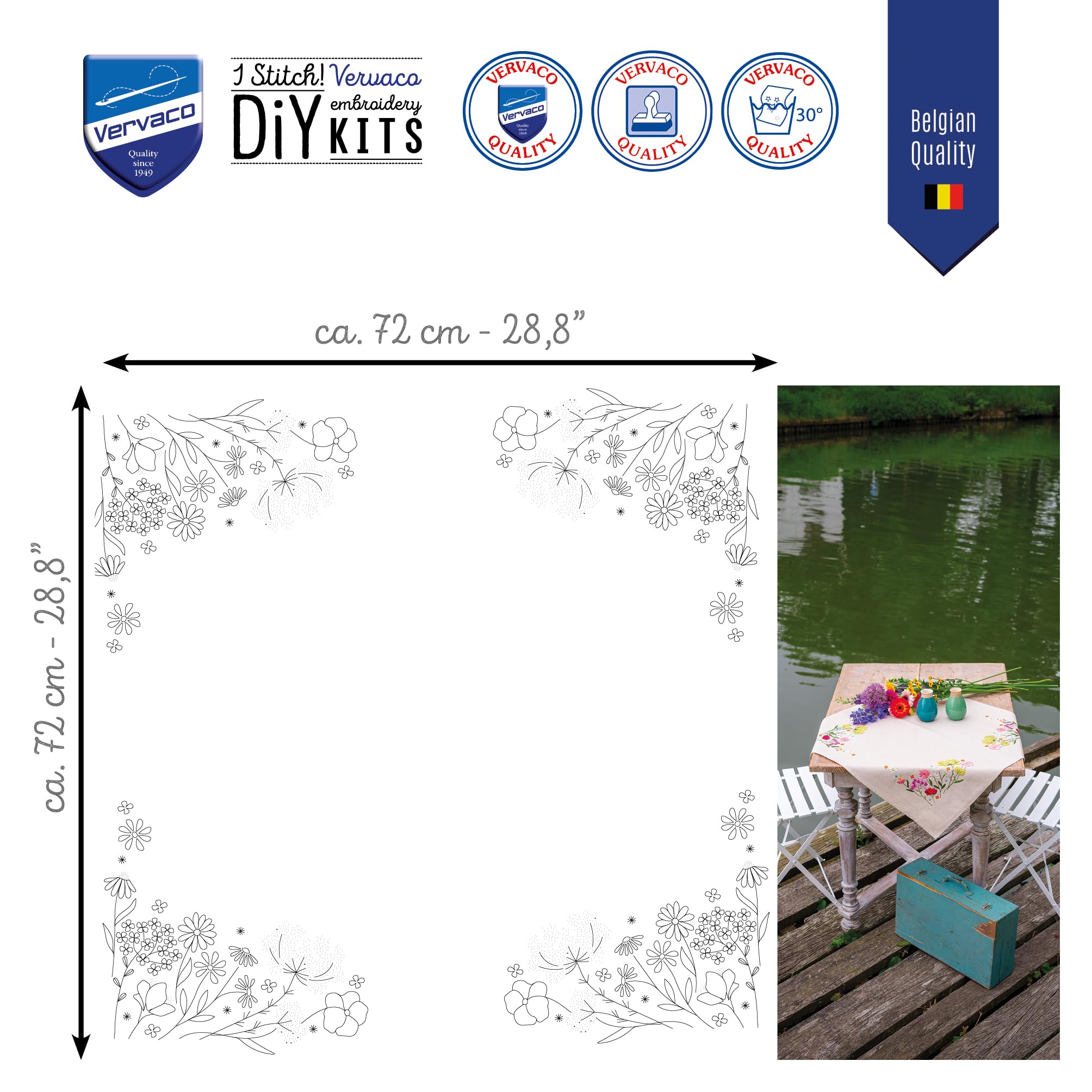 Vervaco Stickpackung Tischdecke Sticken Set Erwachsene Vorgedruckt WILDBLUMEN Stickdecken Vorgezeichnet Decke Stickpackung Plattstich 72 x 72 cm Stoff zum Sticken Kreatives Geschenk