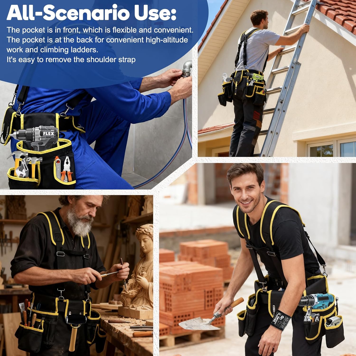 Tool belts for men - multi-functional detachable adjustable tool belt with shoulder strap magnetic wristband set, suitable for electricians and carpenters。 (black and yellow)