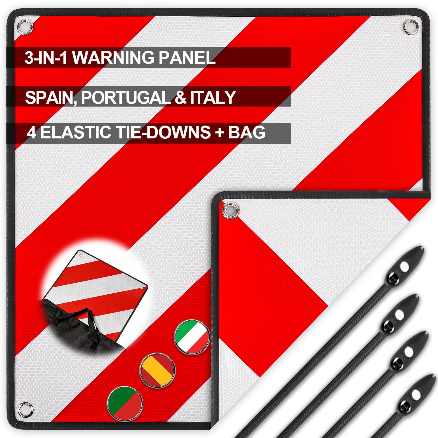 3 in 1 Rear Warning Sign for Spain, Italy and Portugal, Reflective for Enhanced Safety and Visibility, Lightweight, Durable Aluminum build, Weatherproof for Outdoor Use. (1 PCS warning Sign+Bag)