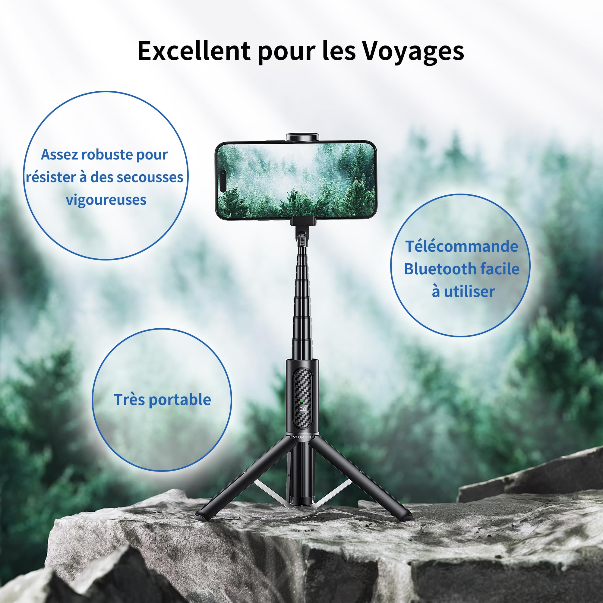 ATUMTEK Trépied Selfie Stick, Trépied Téléphone 3-en-1 Extensible en Aluminium avec Télécommande Bluetooth sans Fil, Compatible avec iPhone 17/16/15/14/13/12 mini/11 Pro et Smartphones Samsung, Noir
