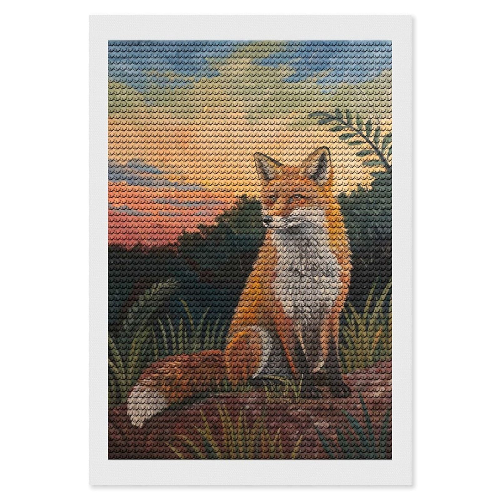 Junmoney Fox Sitting in Nature at Sunset Diamond Painting Canvas Set 8"x12", for Beginners, Complete Accessories, Christmas Gift, Modern Decor