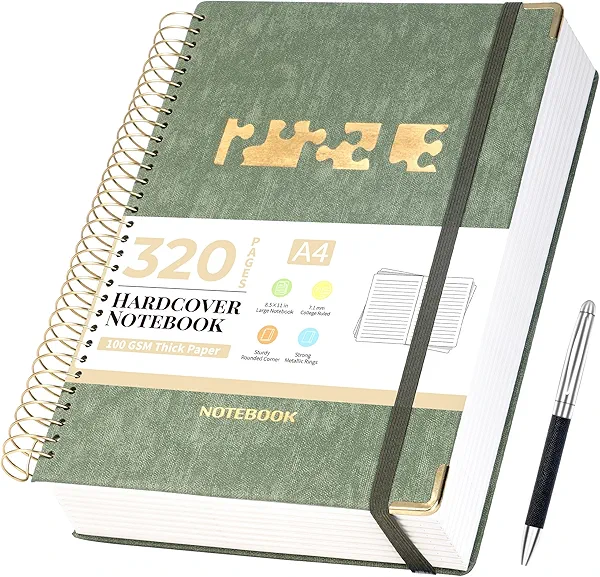 CAGIE Spiral Notebook Journal 8.5''x 11'', 320 Pages College Ruled Lined Notenook with 100GSM Paper, A4 Large Journaling Notebooks for Women Men, Spiral Bound Journals for Work, School, Green