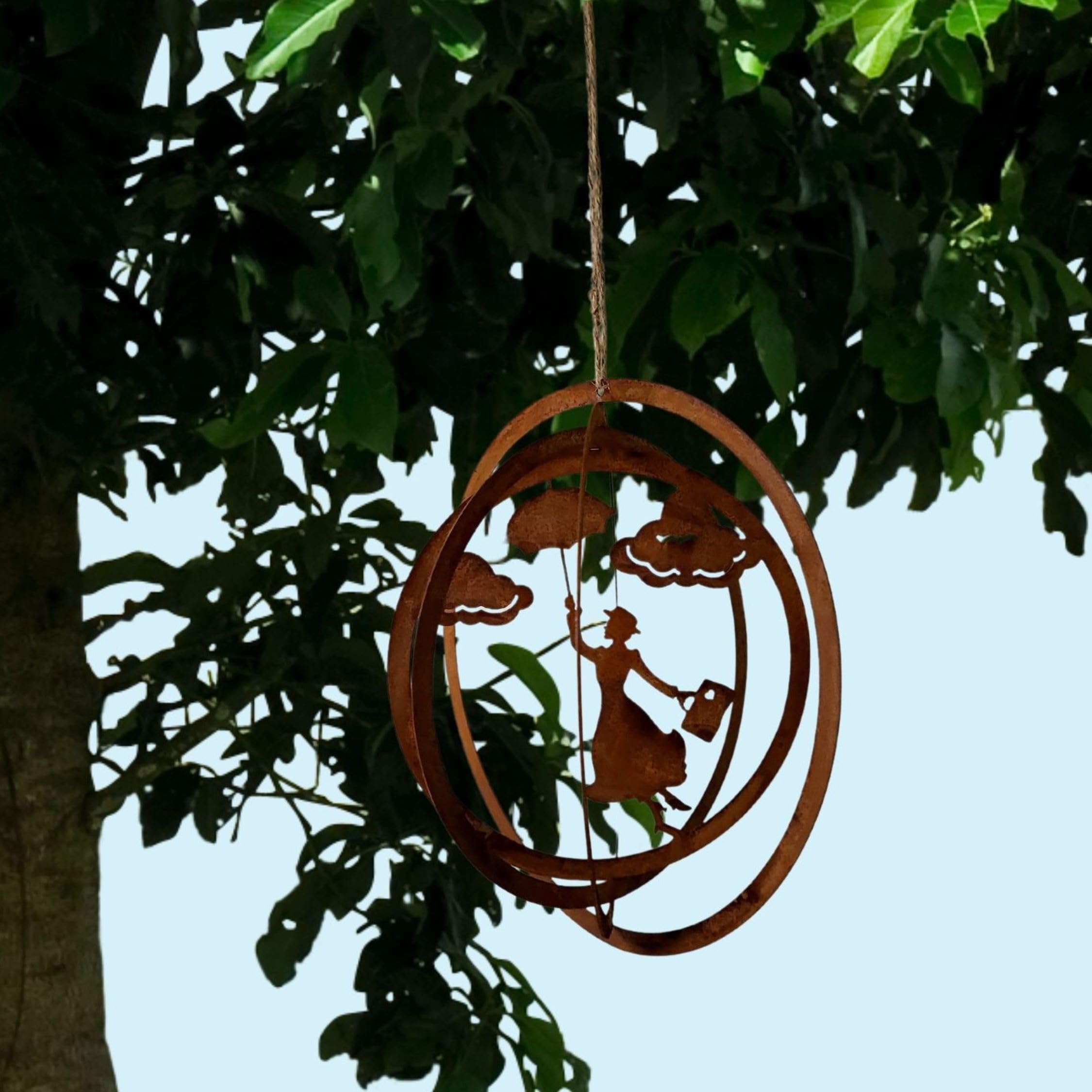 Carillon à vent flottant Mary - Décoration de jardin suspendue en métal aspect rouille - Diamètre 24 cm - Pour balcon et jardin