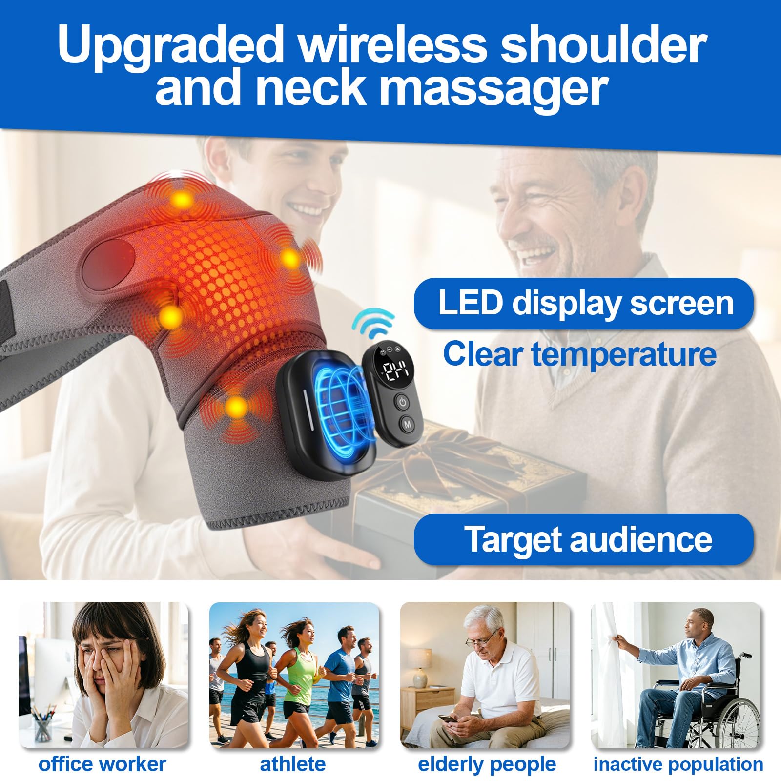 Masseur d'épaule, bandage d'épaule avec 5 niveaux de chaleur et 5 modes de vibration, appareil de massage d'épaule portable avec batterie 5000 mAh, avec télécommande, bandoulière réglable pour gauche