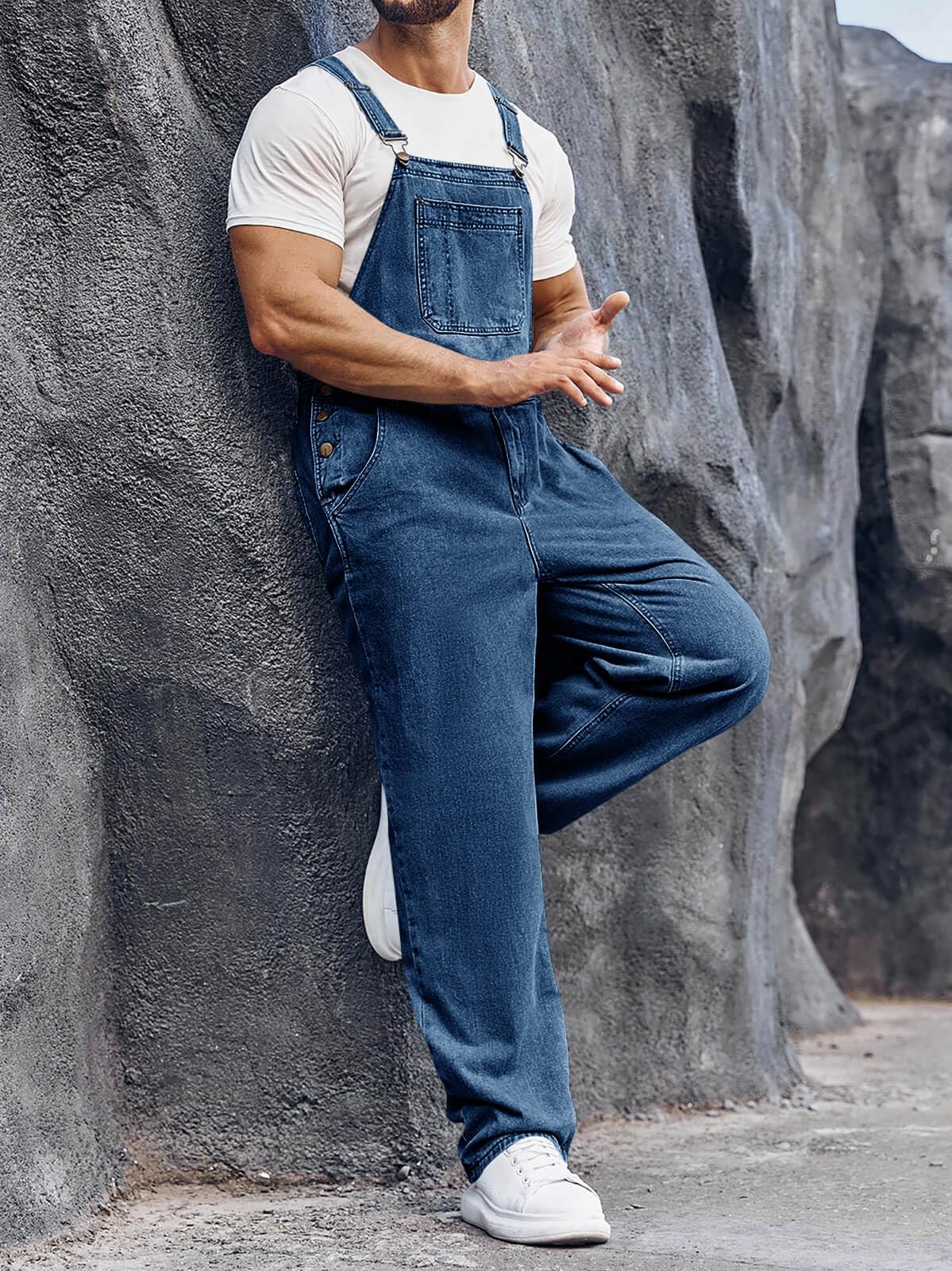 Runcati Salopette da uomo in denim, pantaloni da lavoro, pantaloni estivi streetwear, jeans casual, spalline regolabili