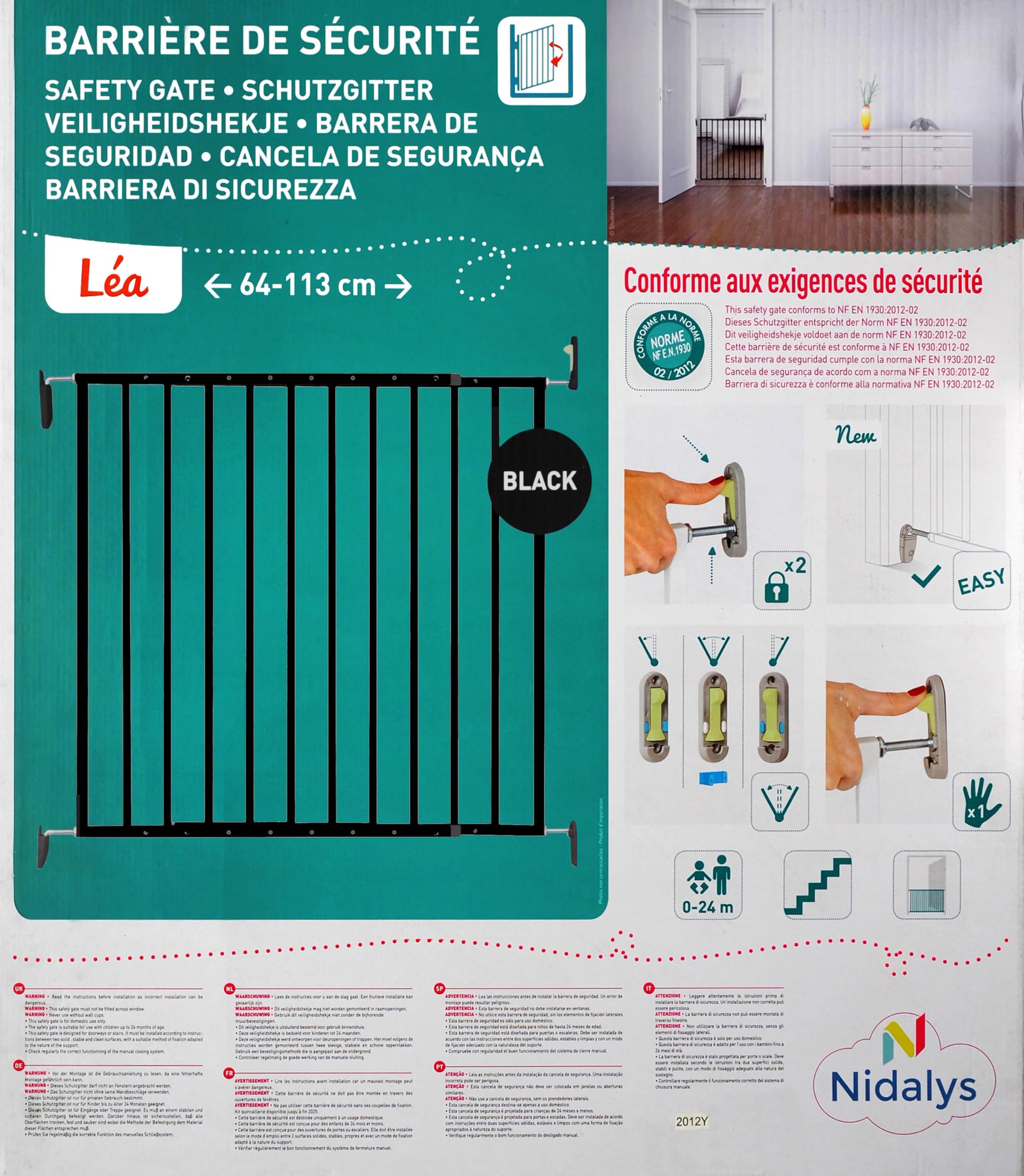 Barriera di sicurezza per bambini, design nero, in metallo, fissaggio tramite foratura, larghezza regolabile da 64 a 113 cm