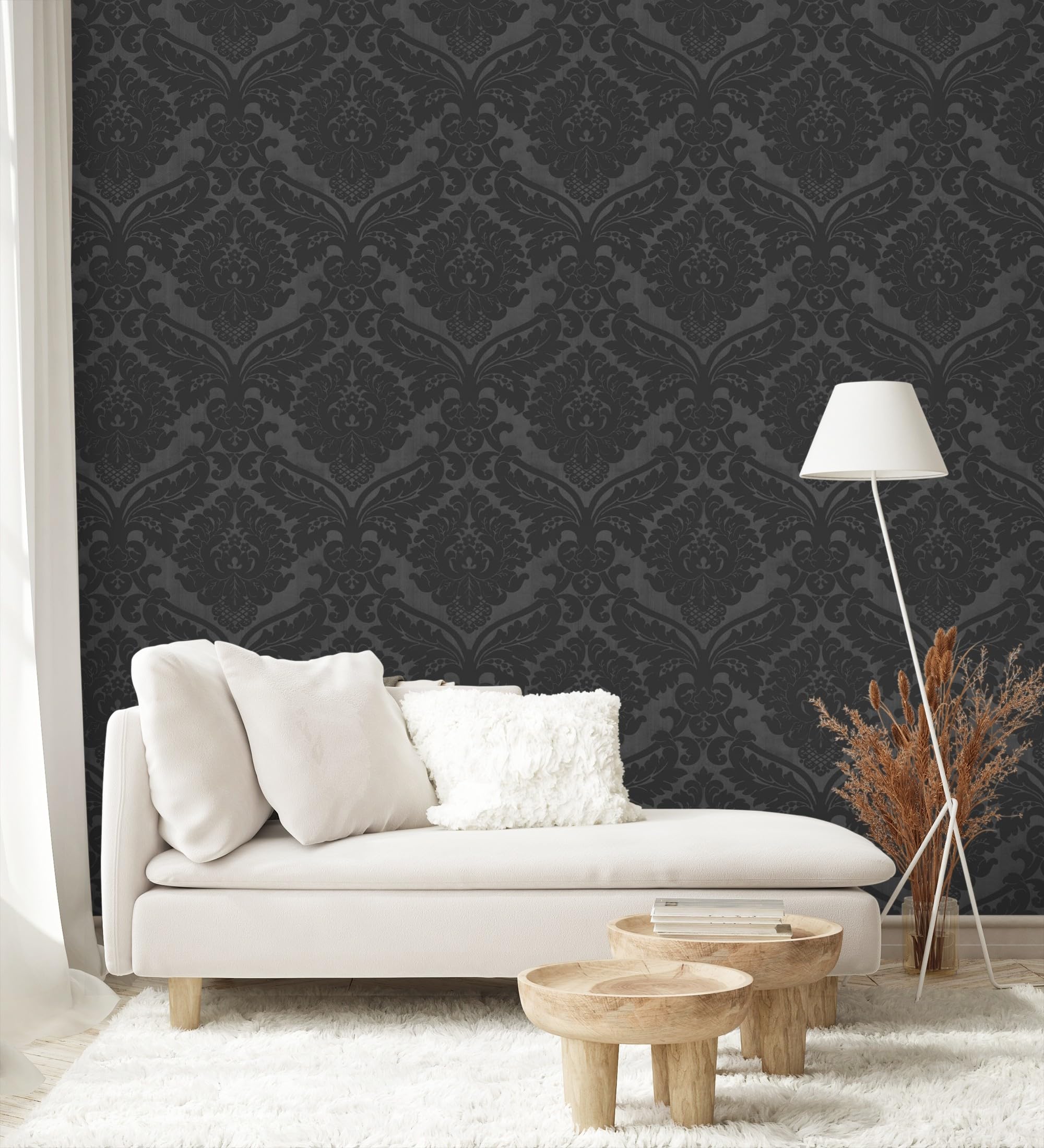 GAULAN 421504 - Papel pintado vinílico lavable de damasco victoriano color negro fondo satinado para pared salón cocina baño dormitorio mueble - Rollo de 10 m x 0,53 m