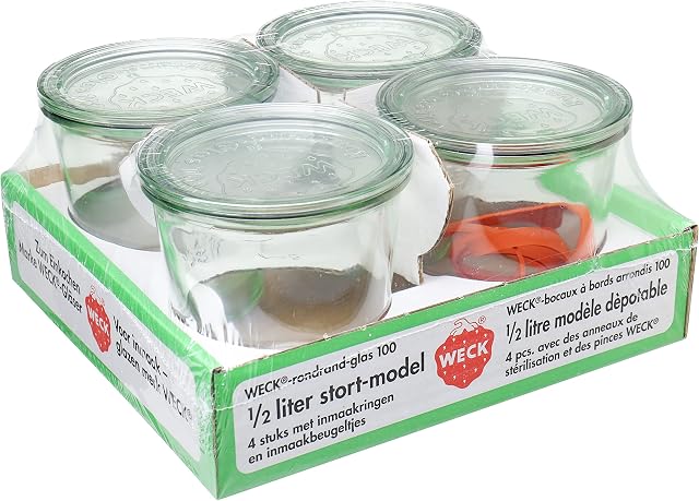 Weck Glass 0,50l, 4 Jars with Rings and Clips, 580 ml