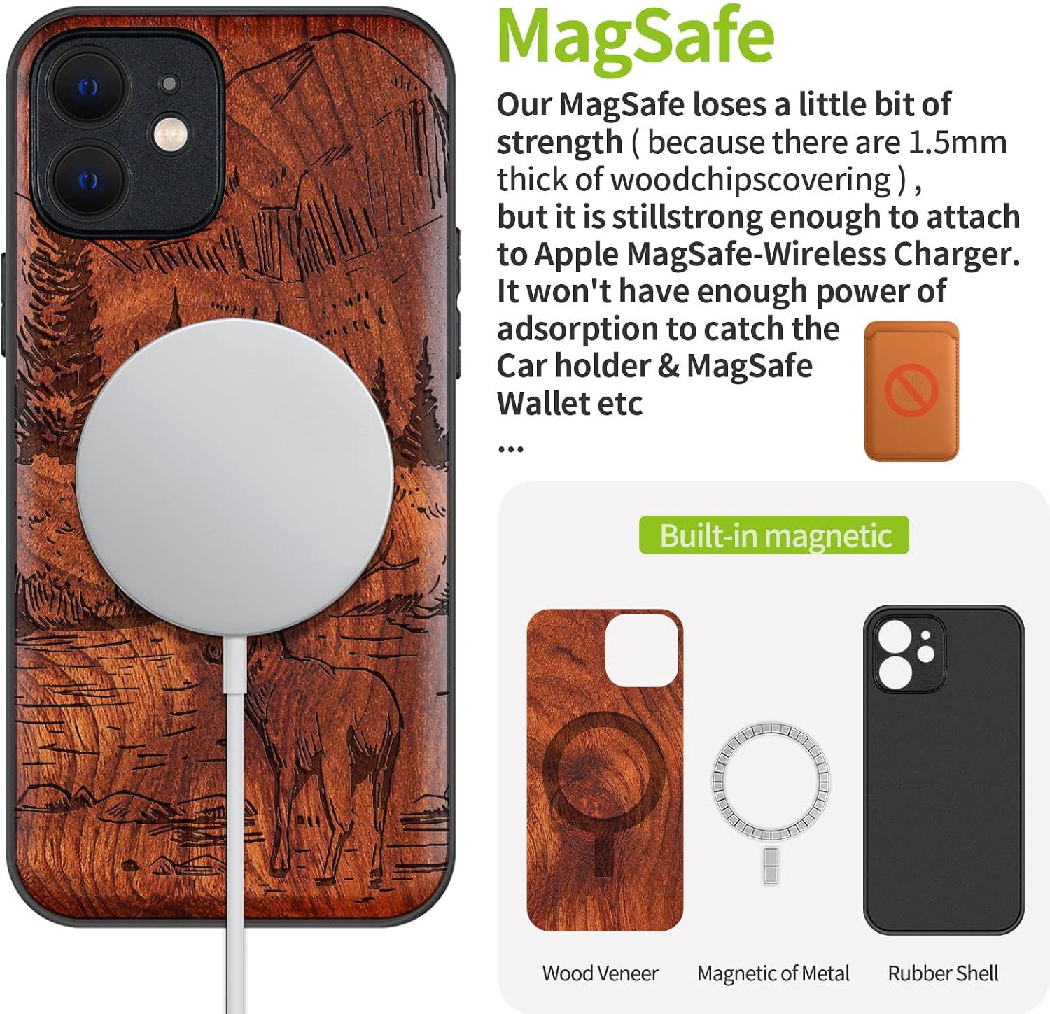 Carveit Magnetic Wood Case for iPhone 12 Mini Case [Natural Wood & Black Soft TPU] Shockproof Protective Cover Classy Wooden Case Compatible with MagSafe (Mountains and Deer -Rosy)