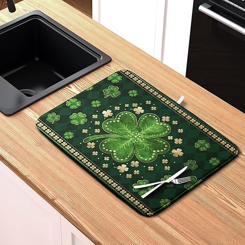 Vista 231 de Tapete de secado de platos con hojas de palma tropicales para encimera de cocina, 18 x 24 pulgadas, tapete de secado de cocina Monstera verde