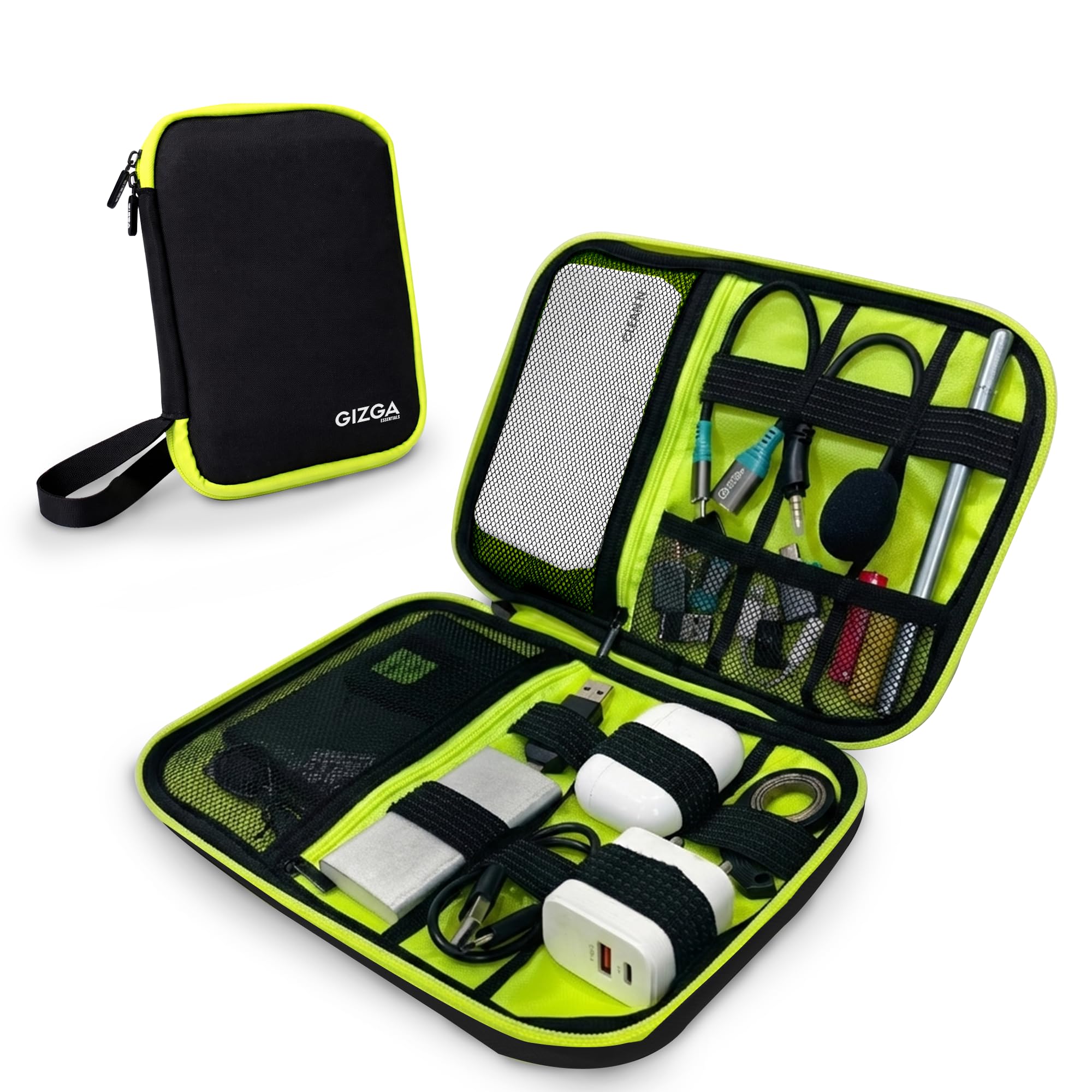 GIZGA essentials Gadget Organizer Case Cover, Travel Tech Pouch for USB Cable, HDD, Power Bank, Adapter, SD Card| Waterproof Protective Electronics Storage Bag with Mesh Pockets, Elastic Loops (Black)