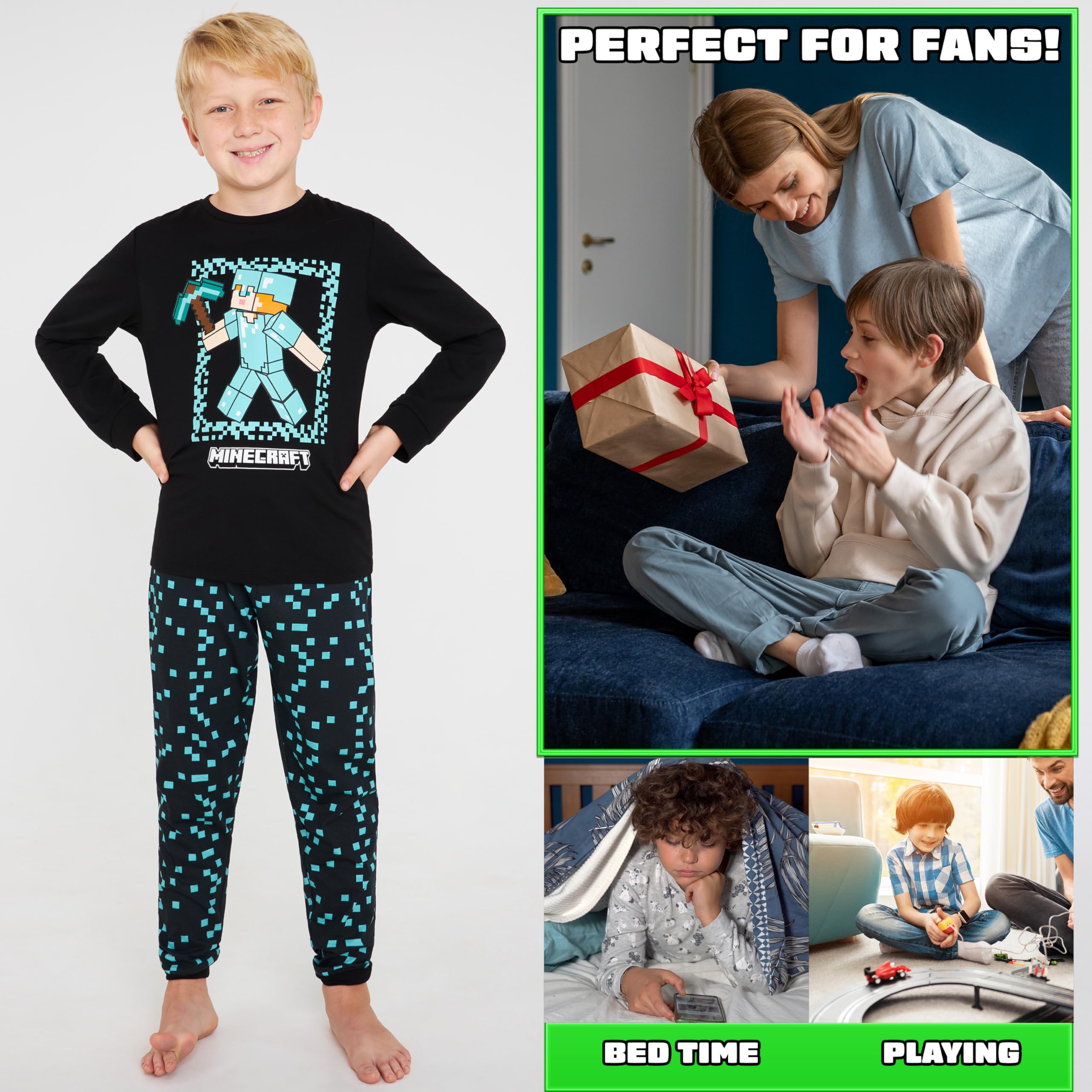 Minecraft Pyjama Garcon, Ensemble Enfant avec Chaud T-Shirt et Pantalon, Vêtement de Nuit, Gaming Merchandise, Idee Cadeau