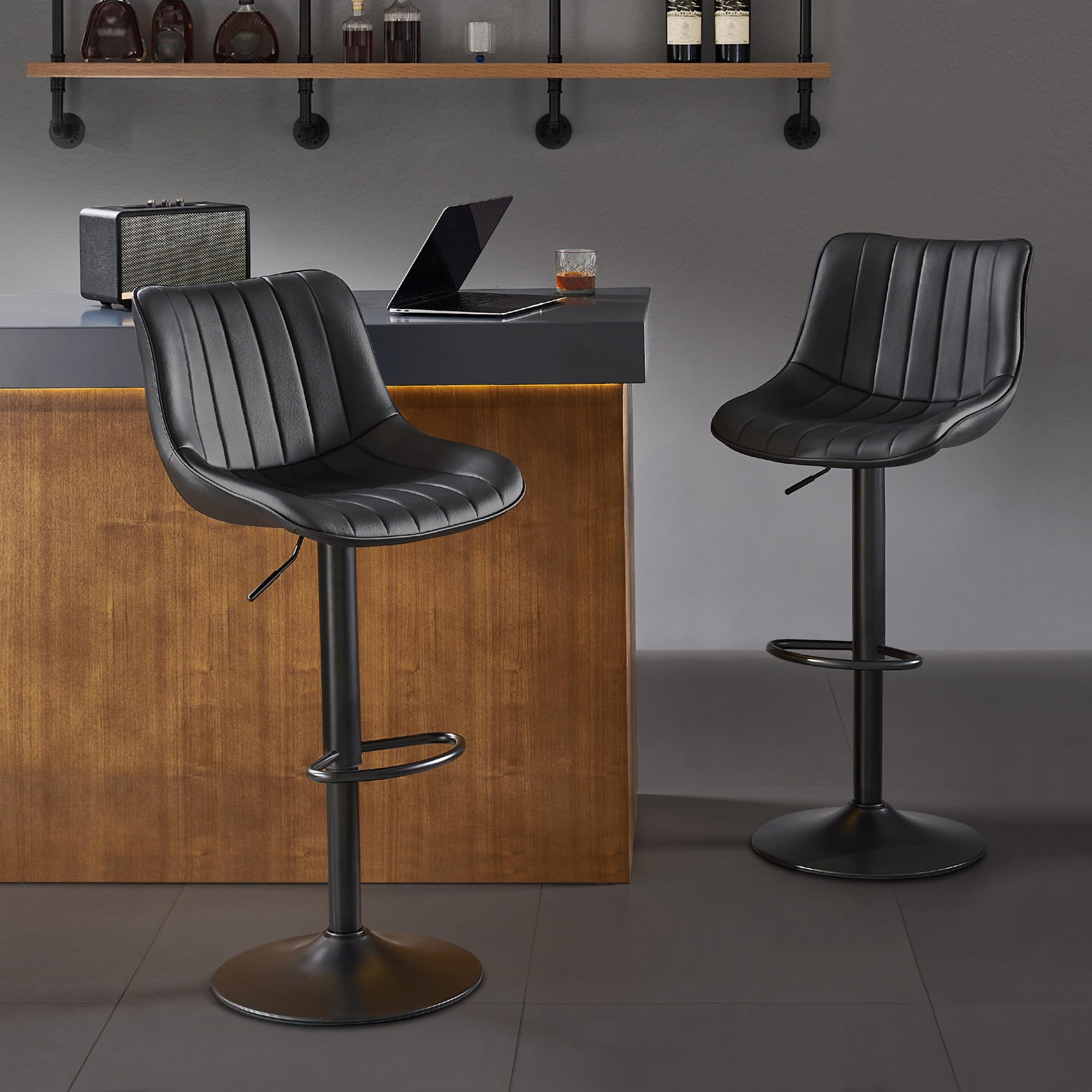 Nestvatto Bar Stools Set of 2, Swivel Counter Height Bar Stools, Adjustable PU Leather Bar Chairs with Back and Footrest, Modern Armless Counter Stools, Island Chairs for Bar Kitchen,Black