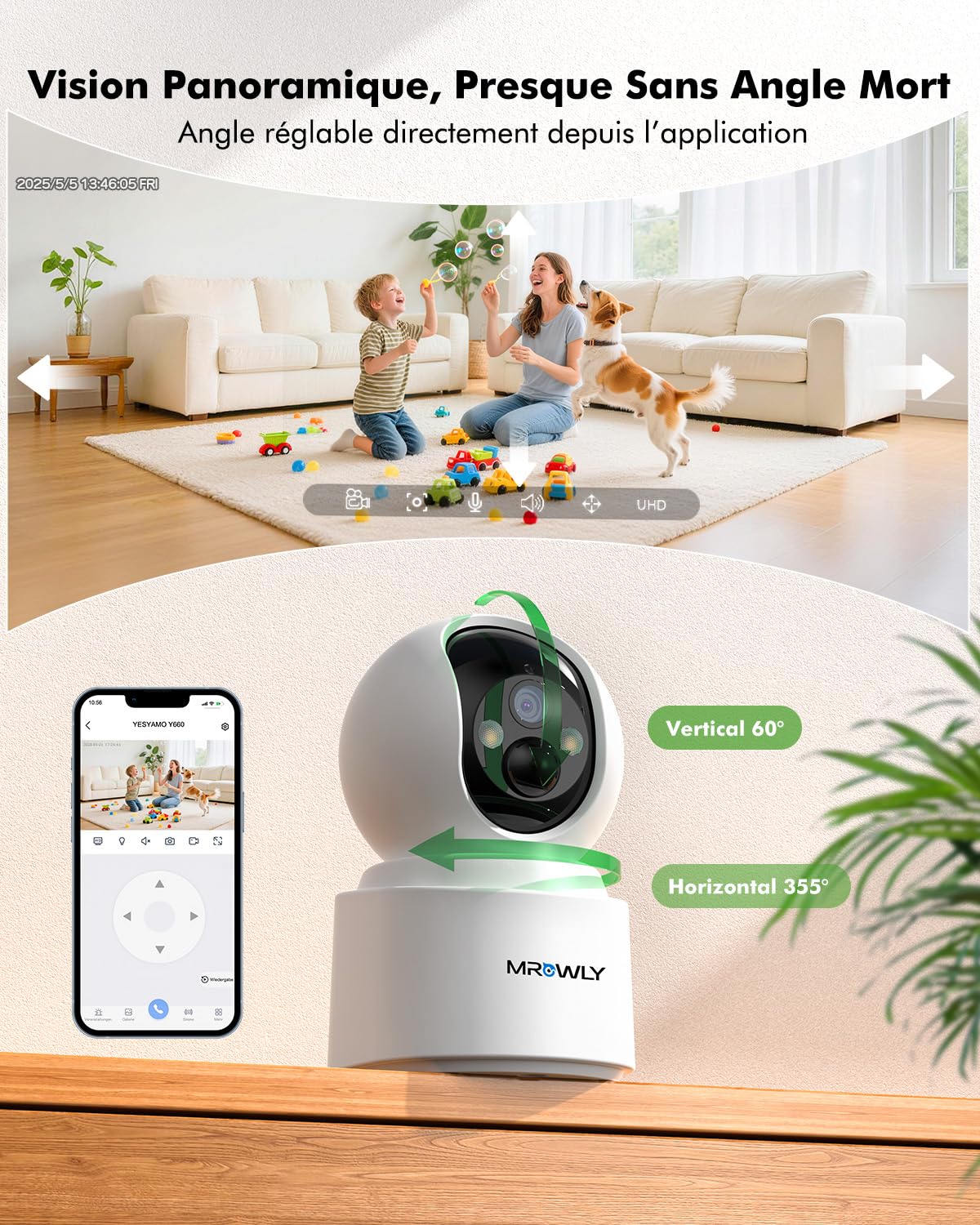 2.5K(4MP) Camera Surveillance WiFi Interieur sans Fil, 360° Caméra Interieur Batterie 6000mAh, 2.4G/5GHz, Vision Nocturne, Détecteur PIR, Audio Bidirectionnel pour Maison, Bébé et Animaux