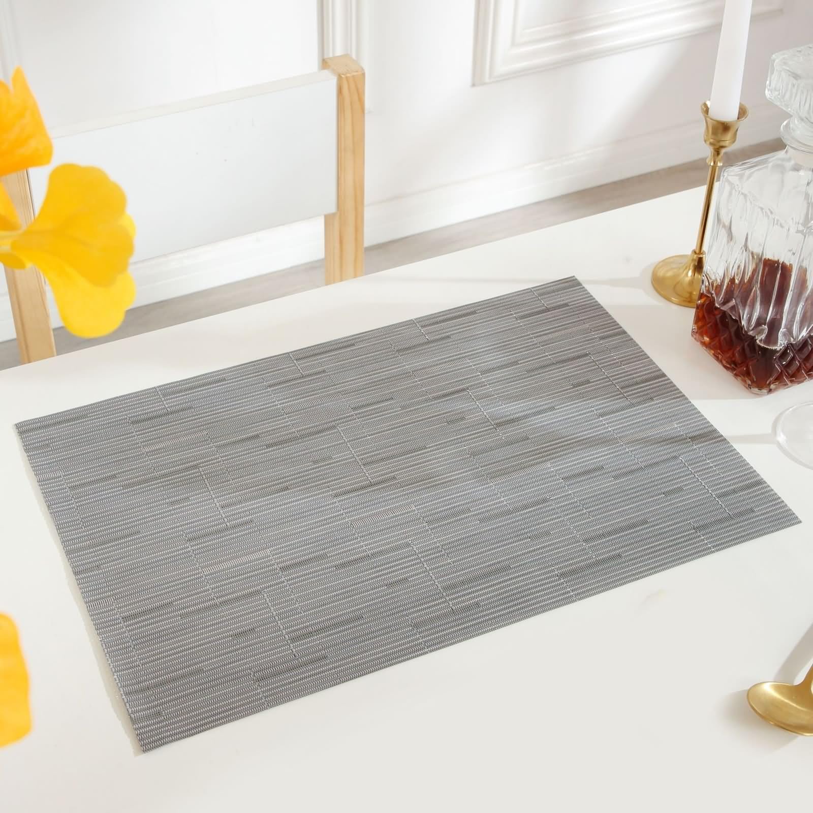 Set di 8 Tovagliette Colazione Grandi, Tovagliette Tavola Moderno PVC 30x45cm Linee Trama Intrecciata Grigio Chiaro