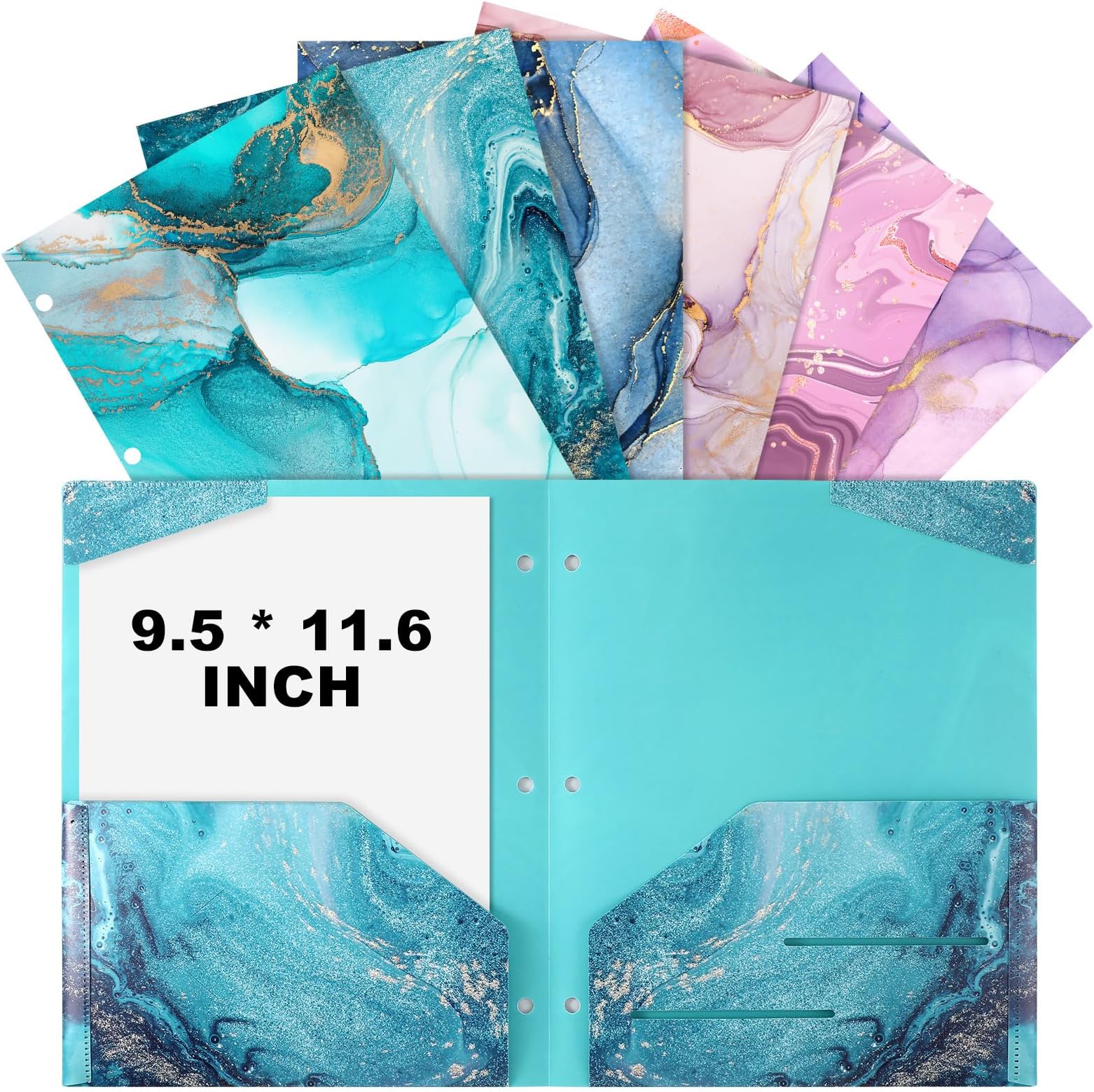 Eersida 24 Pcs Back to School 2 Pocket Folders, 9.5'' x 11.6'' Waterproof Plastic Folders with Pockets, Fixed Corner Tabs, Business Card Slot, Heavy Duty 3 Hole Decorative File Folders (Marble)