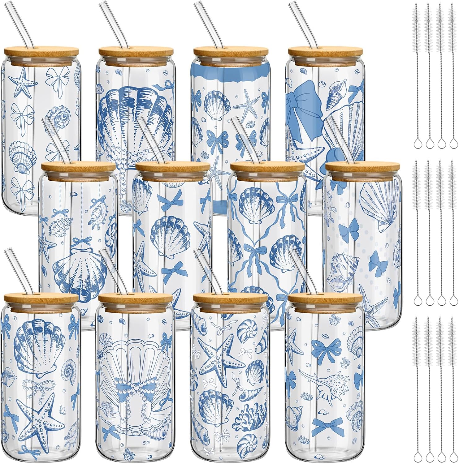 Teenyyou 12 Set of Shell Glasses with Bamboo Lid and Glass Straw 16 oz Summer Drinking Cup Beer Iced Coffee Cup Tumbler Mugs for Teacher's Day Gift Holiday Party Office