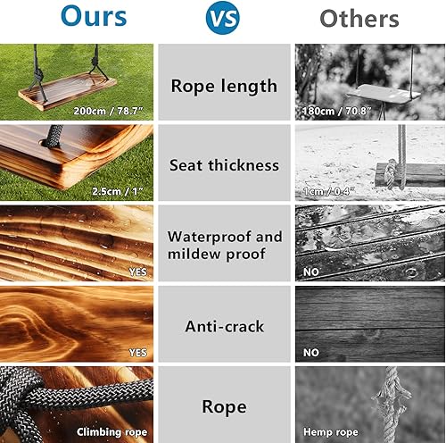 Miniatura 4 de Columpio de madera carbonizada para colgar en árbol, impermeable, con cuerda ajustable, carga de 500 libras para adultos, niños, interiores,