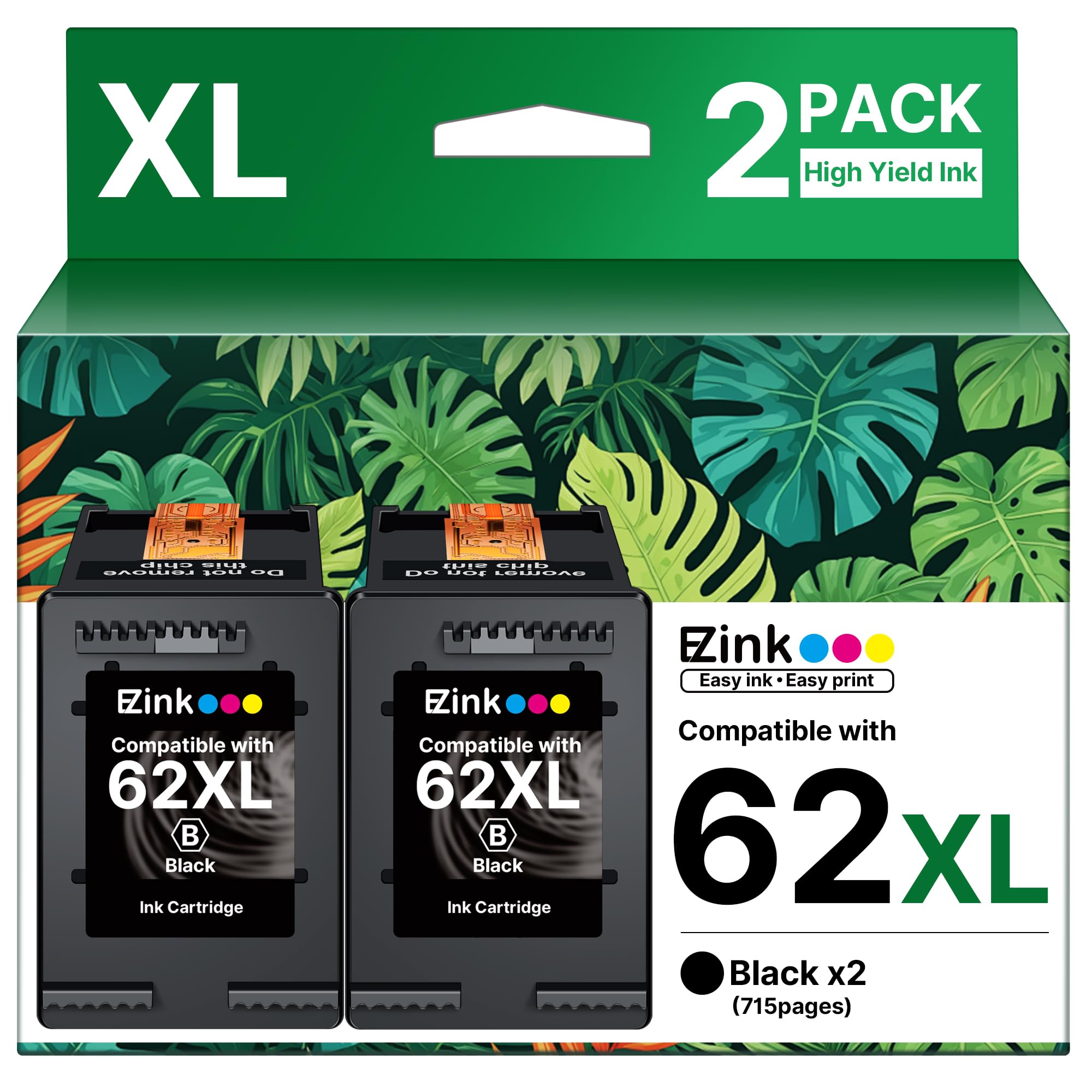 62XL Ink Remanufactured Ink Cartridges for HP 62 Black Ink Cartridge for HP Ink 62 62XL High Yield Use with HP Envy 5540 5640 5660 7644 OfficeJet 5740 5741 8040 200 250 Series Printer (2 Pac