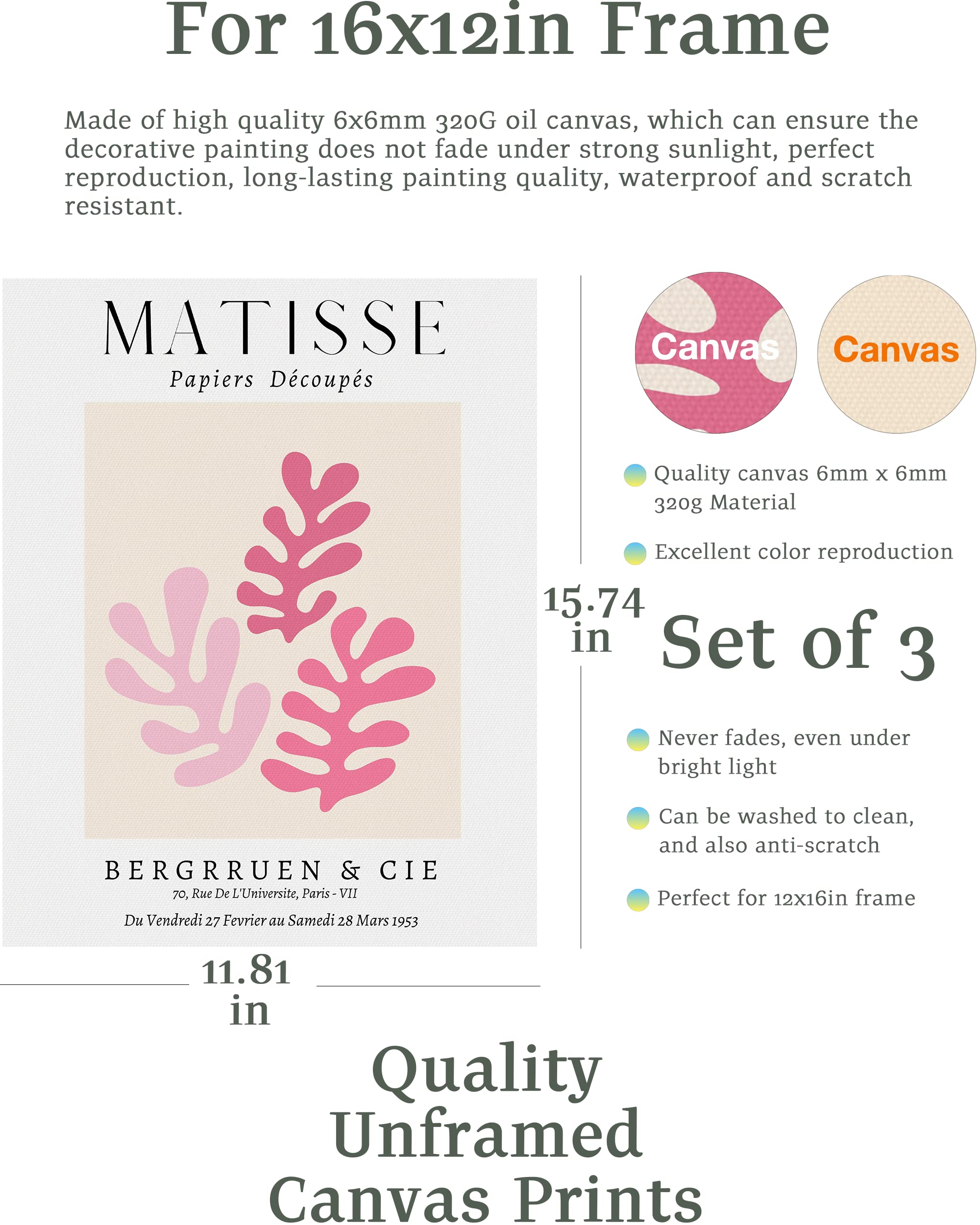HesenDot Unframed Matisse Pink Wall Art,30x40cm Canvas Prints,Set of 3 Modern Abstract Wall Decor Posters,Minimalist Home Decoration for Living Room Bathroom Bedroom Dorm Office - Image 2