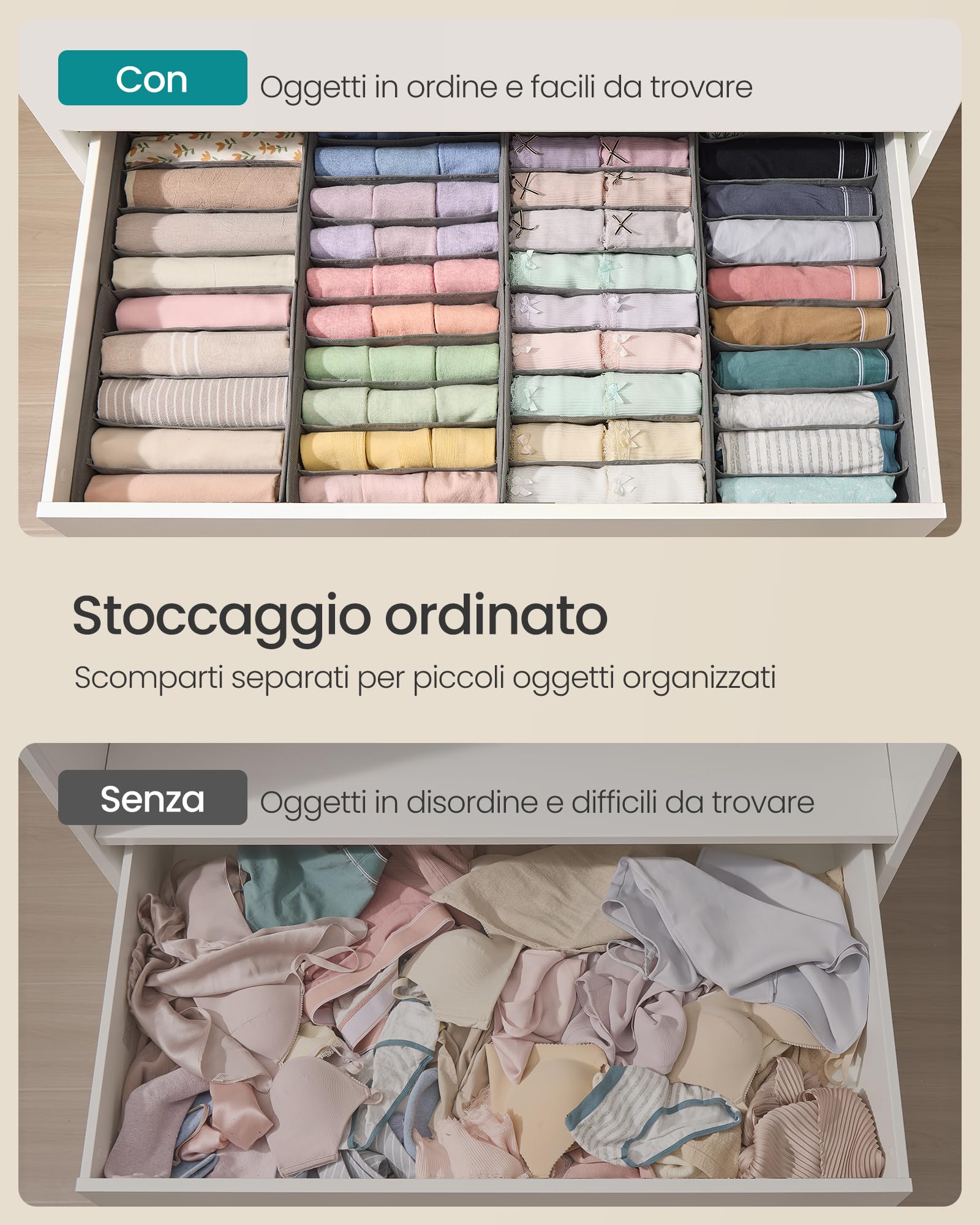 SONGMICS Set di 4 Divisori per Cassetti, per Guardaroba PAX di IKEA, con Separatori, Organizzatori per Biancheria Intima Pieghevole, 50 x 22 x 10 cm, Grigio Tortora RUS015G01