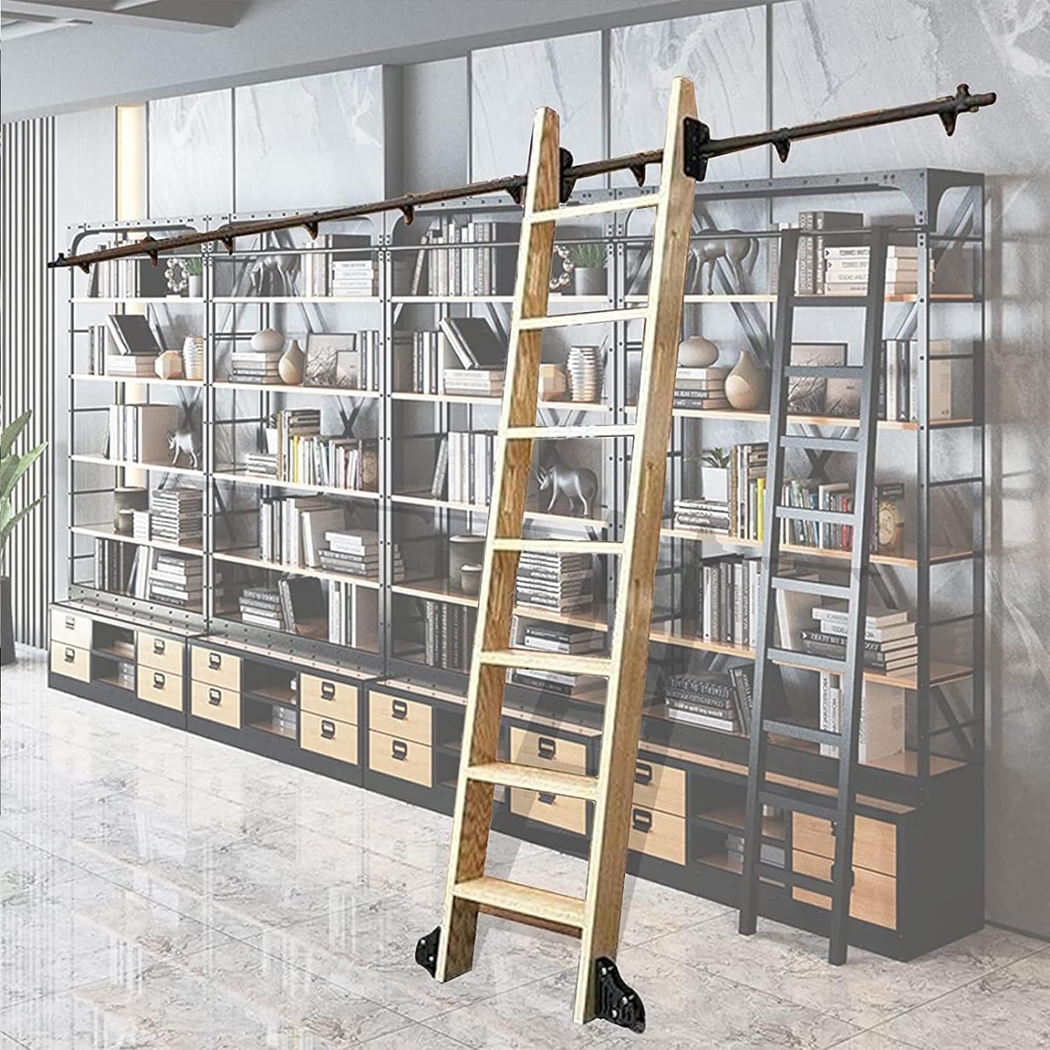 Rolling Library Sliding Ladder Hardware Kit Sliding Barn Door Track Hardware Accessories, Carbon Steel Round Tube Mobile Ladder Rail (100cm(3.3 ft) track kit)