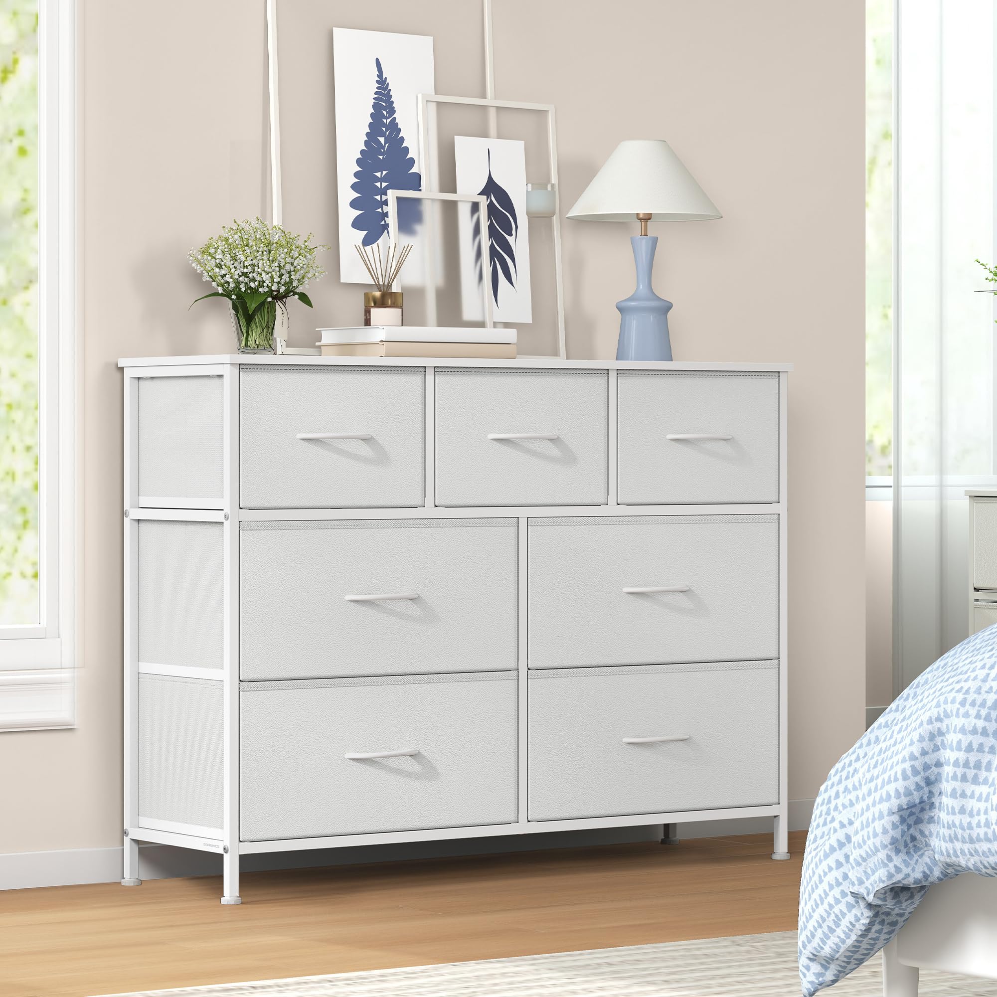 SONGMICS Chest of Drawers, 7 Storage Drawers Bedroom, Storage Unit, Steel, MDF, Non-Woven Fabric, for Bedroom, Closet, Hallway, Living Room, Cloud White and Snow White LGS323WH01