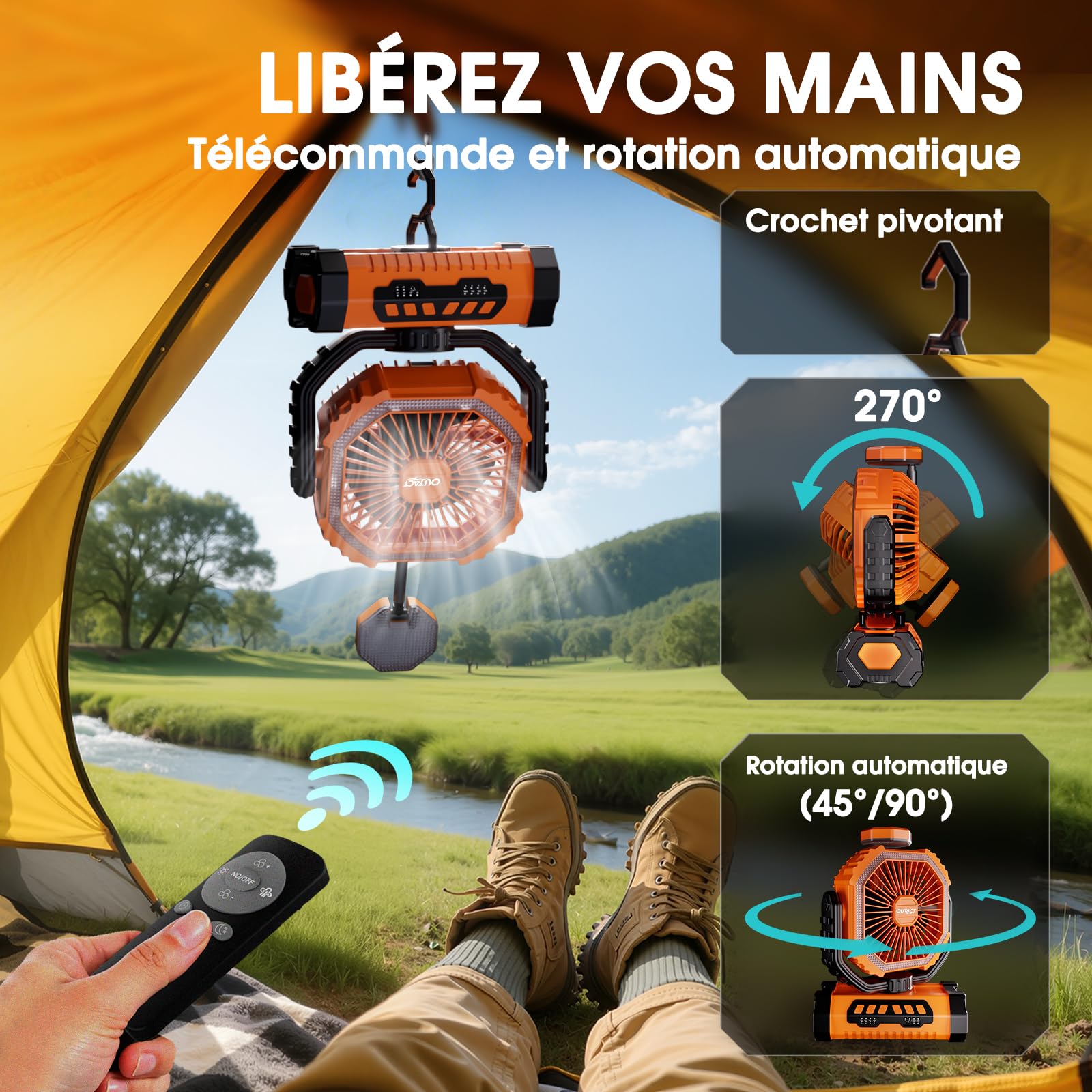 Ventilateur de Camping 20000mAh Rechargeable avec Lumière LED, USB Ventilateur Portable à 4 Vitesses avec Télécommande, Crochet et Minuterie pour Chambre, Bureau, Tente, Plage, Vacances - Orange