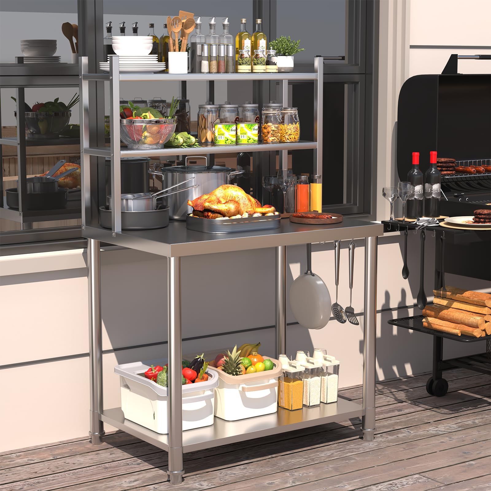UNIONLINE Edelstahl Arbeitstisch 76x60x138cm, Gewerblicher Küchentisch mit 2 Oberablagen, Catering Vorbereitungstisch für Outdoor Küche & Pizzaofen