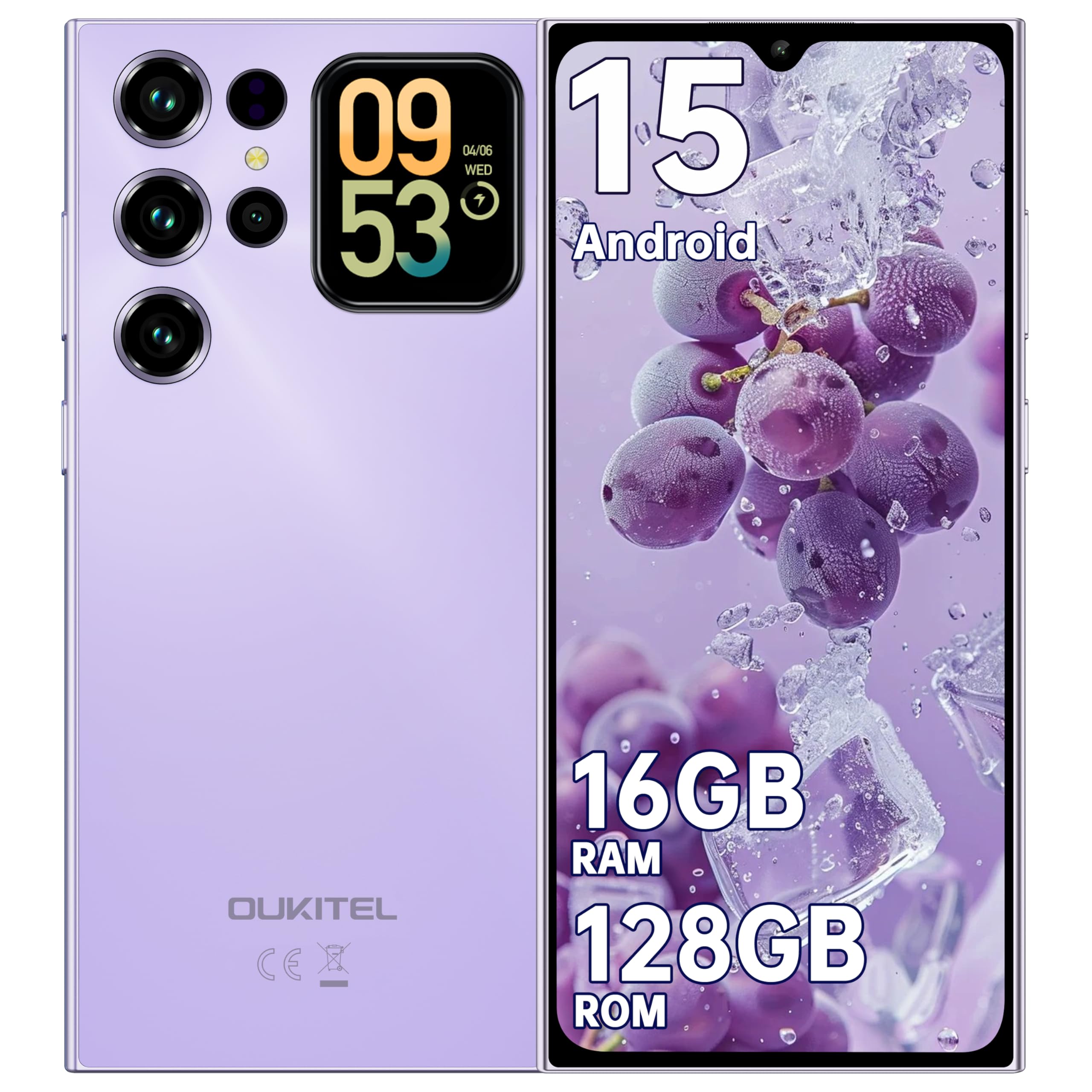 OUKITEL C62 Smartphone Android 15 con Schermo Posteriore, 16GB RAM+128GB ROM/1TB Telefono Cellulare, Display 6.88" HD+ 90Hz, 5150mAh Cellulari, 13MP+5MP, Dual SIM 4G/Face ID/Fingerprint/OTG - Viola