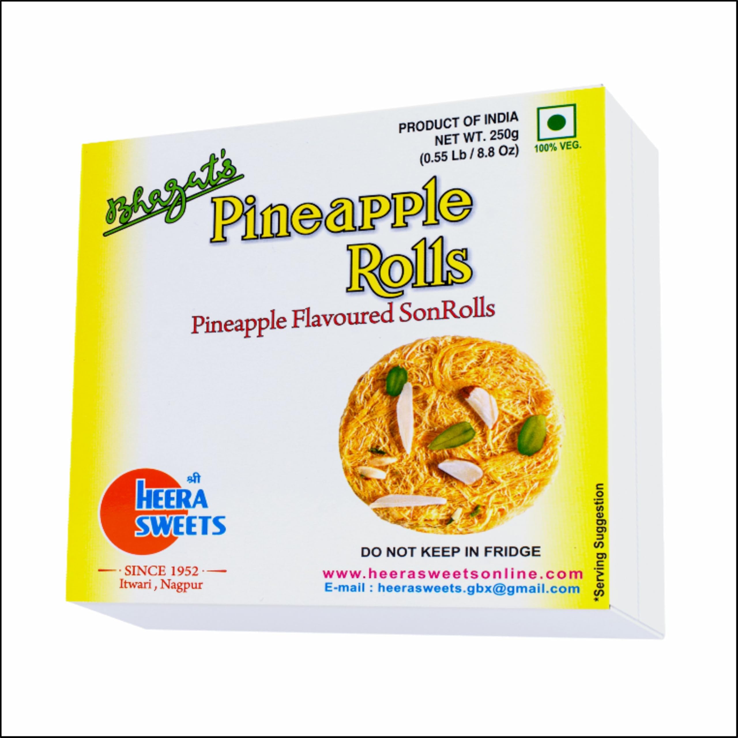 Nagpur’s Famous Heera Sweets Son Roll Pineapple Flavoured | Bhagat’s Sonroll Sweets 250g | Almonds & Pistachio Garnished | Preservative Free