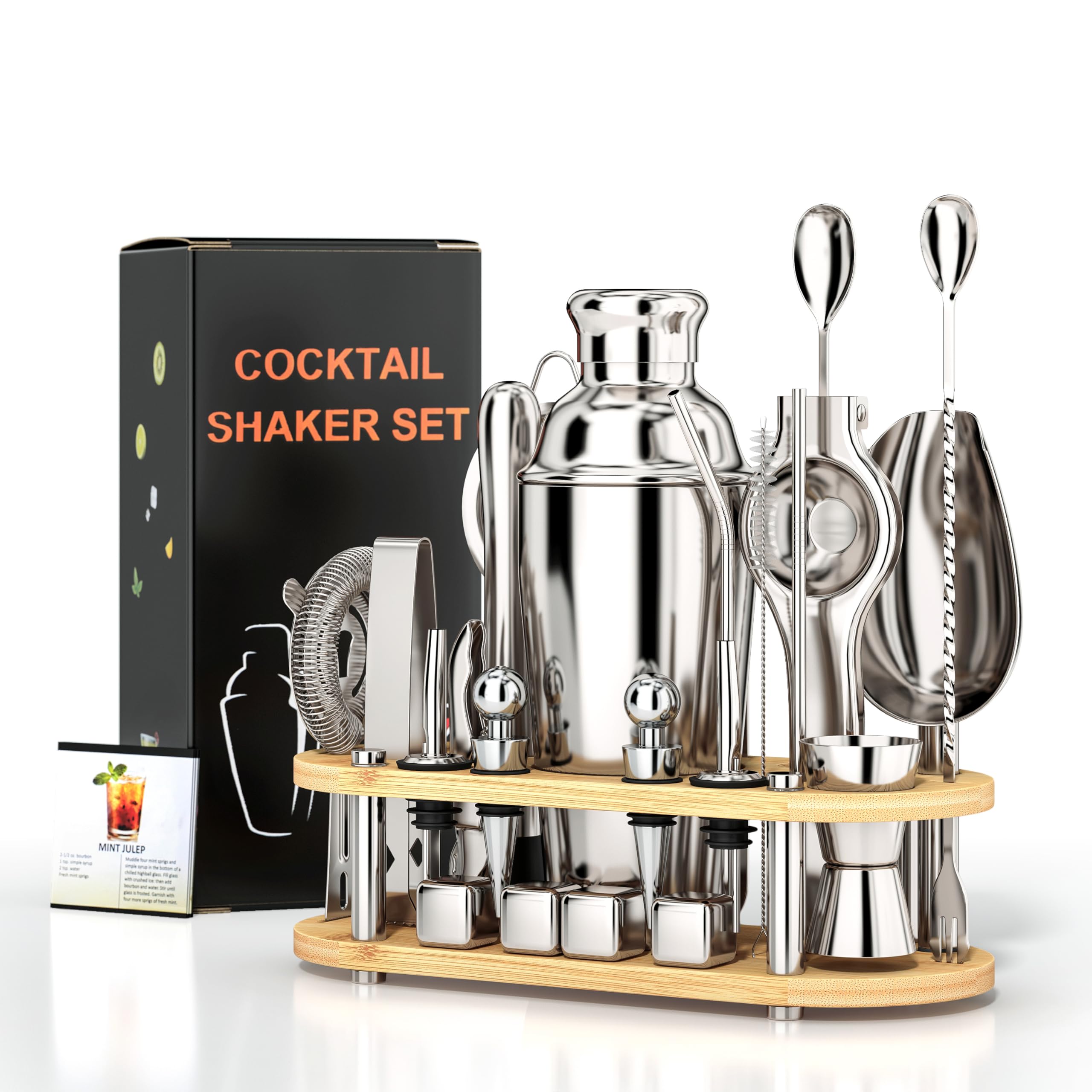 Kit de Coctelera 25 Piezas, Shaker Boston 700ml de Doble Pared en Acero Inoxidable 304, Set de Barman Completo con Soporte de Bambú, Recetas y Accesorios para Mezclar Bebidas y Regalar