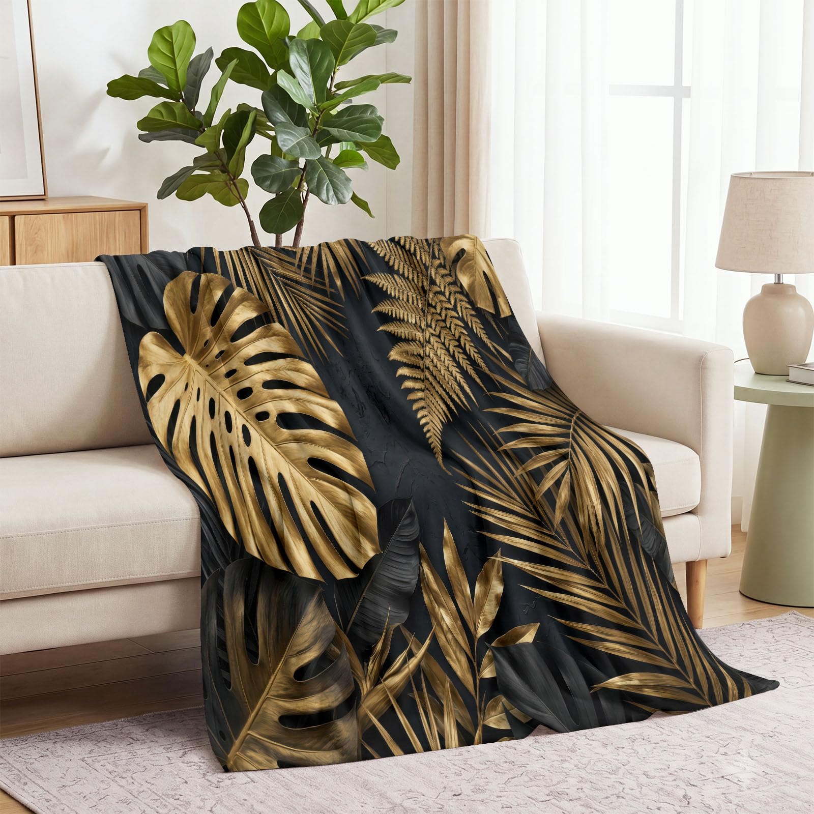 Przytulny koc 150 x 200 cm, tropikalna dżungla, koc flanelowy, nadaje się dla nastolatków, chłopców dziewczynek, miękki, nadaje się do prania, luksusowy, metalowy, liść monstery, koc na sofę, kanapę