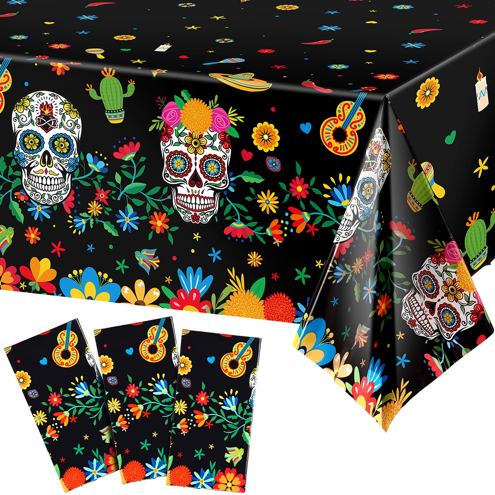 3PCS Black Halloween Plastic Tablecloths - Skull Skeleton Design 54x108 Inch Waterproof